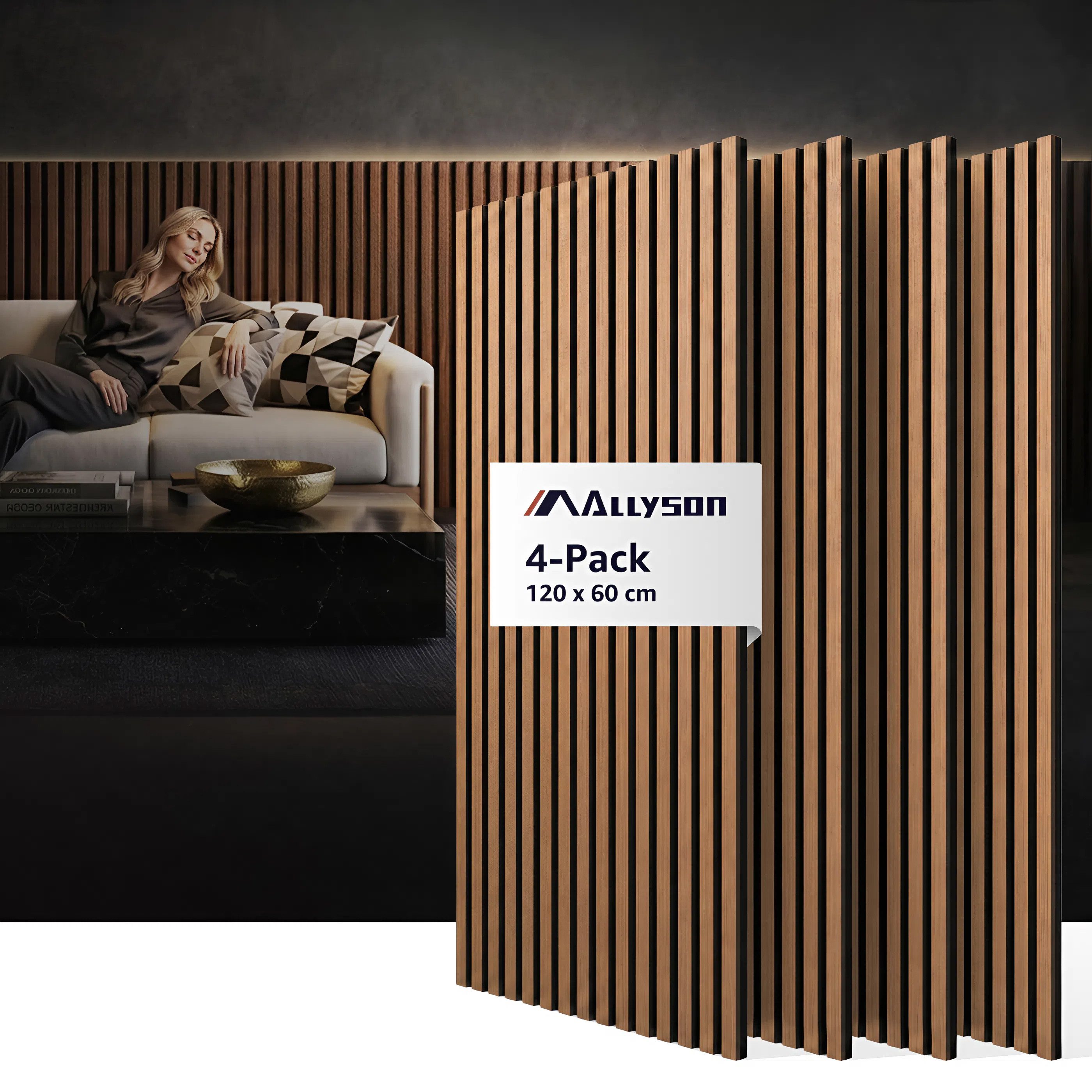 Allyson Wandpaneel Akustikpaneele 3D-Lamellen Wanddekoration Polyesterfilz, BxL: 60x120 cm, 0,72 qm, Effektive Schallabsorption, edle 3D-Holzoptik, 4er-Set für ca. 2,88m²