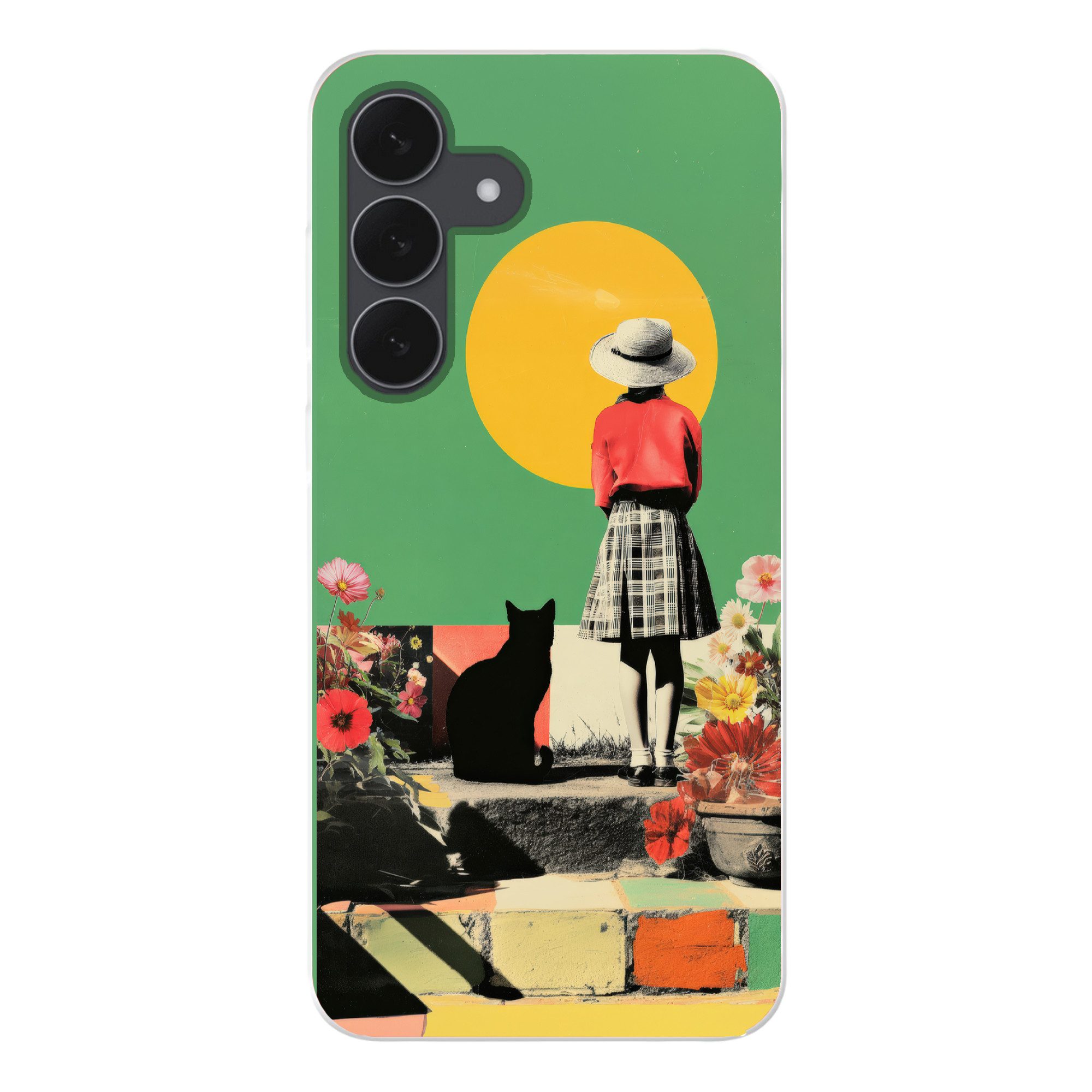 MuchoWow Handyhülle für Samsung Galaxy S25 FE Retro - Mädchen - Katze - Sonne, Smartphone-Bumper, Print, Handy Schutzhülle Dünn