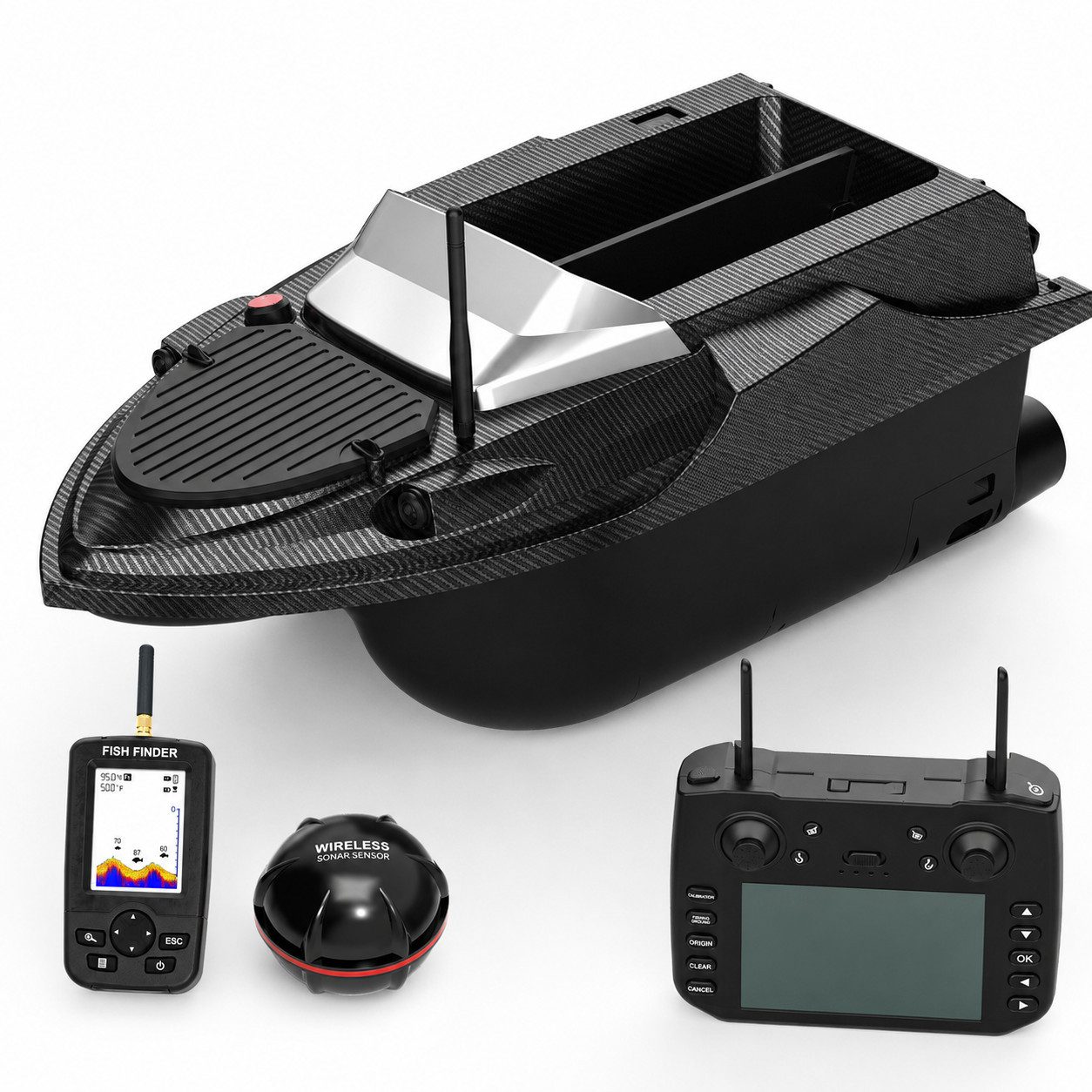 Tekoo RC-Boot GPS Futterboot Set inkl. Fishfinder, Autopilot, 3kg Zuladung (Set, Komplett-Set inklusive Fischfinder und Zubehör), 180 GPS-Zielpunkte, automatische Rückkehrfunktion, 800m Reichweite