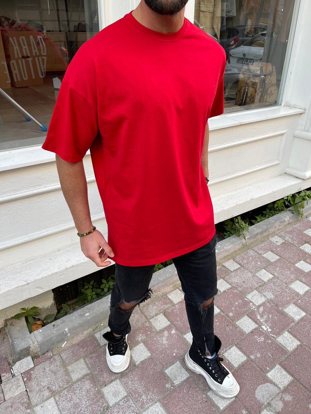 Megaman Jeans Oversize-Shirt Oversize Herren T-Shirt Weiter Auschnitt Extra Lang Rundhals Rot