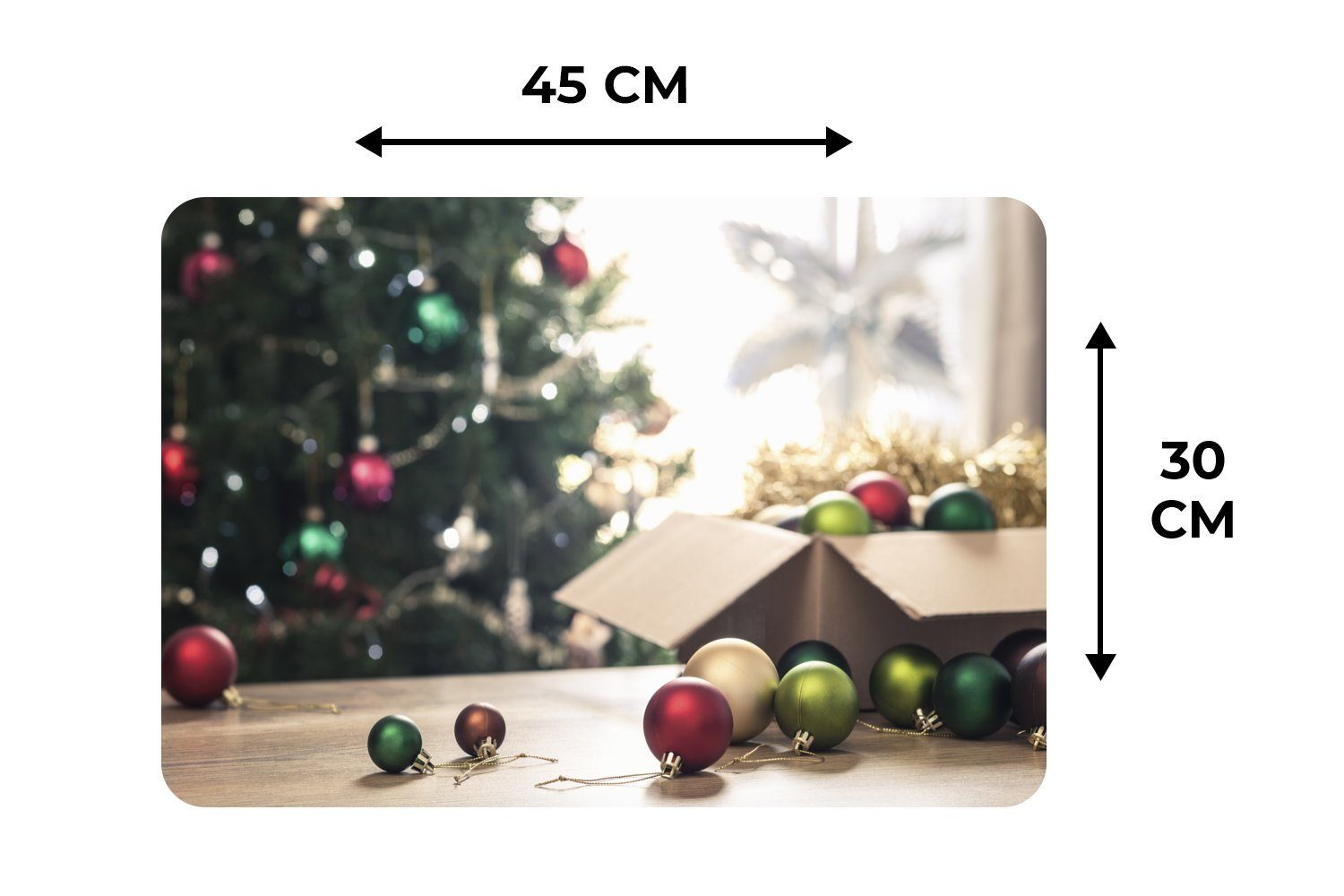 Platzset, Der Weihnachtsschmuck mit einem Schmutzabweisend Tischmatten, MuchoWow, Weihnachtsbaum (6-St), Platzmatte, Platzdecken, im Hintergrund, Platzset
