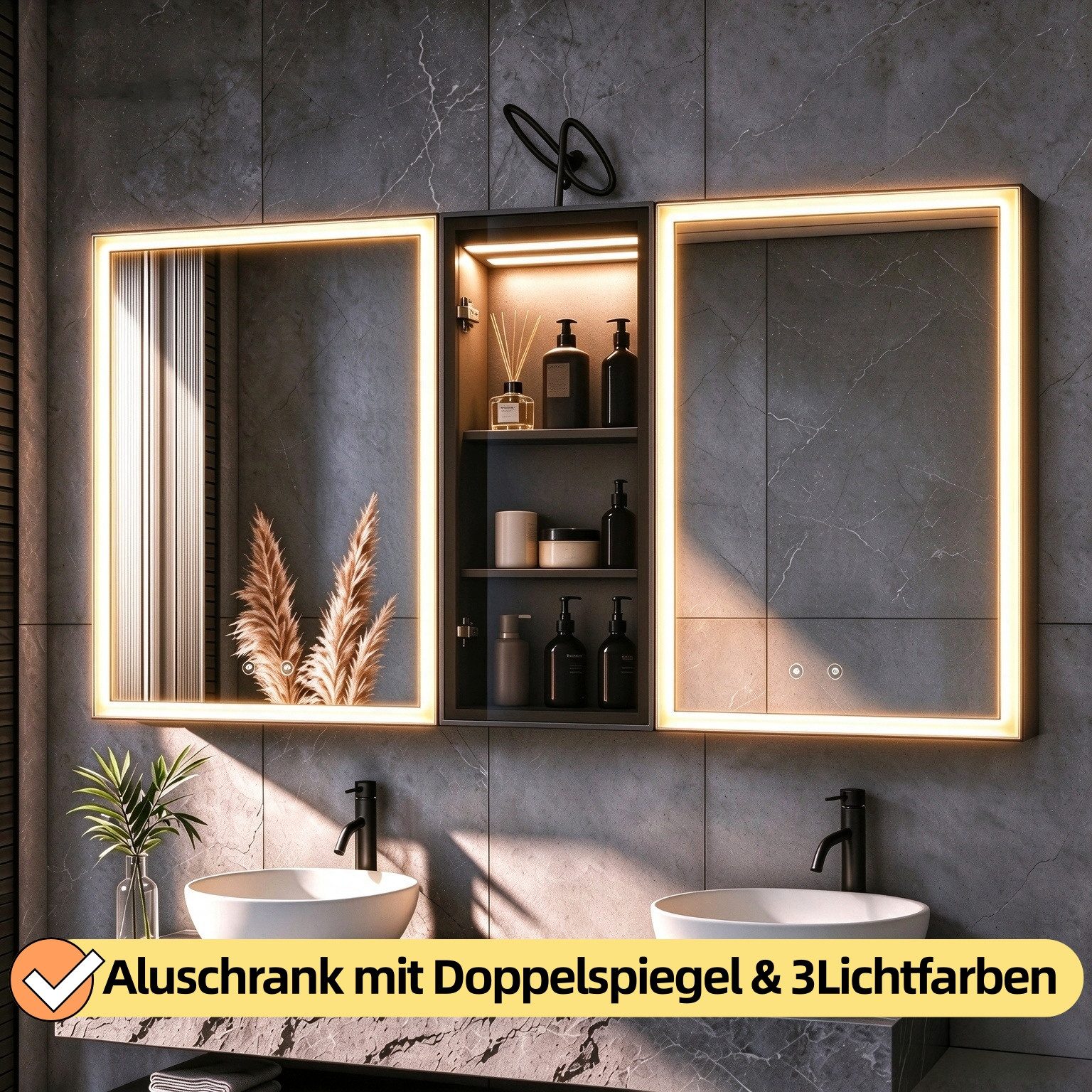 WDWRITTI Spiegelschrank Alu 3türig 120x60 100x60 90x60cm Badezimmerspiegelschrank 3Lichtmodi (Badschrank Schwarz matt Anti-Fog Dimmbar, Alu-Schranktür, Stahl Schrank-Korpus, Doppel Spiegel, Speicherfunktion) mit Netzadapter, vormontiert geliefert,2 Installation
