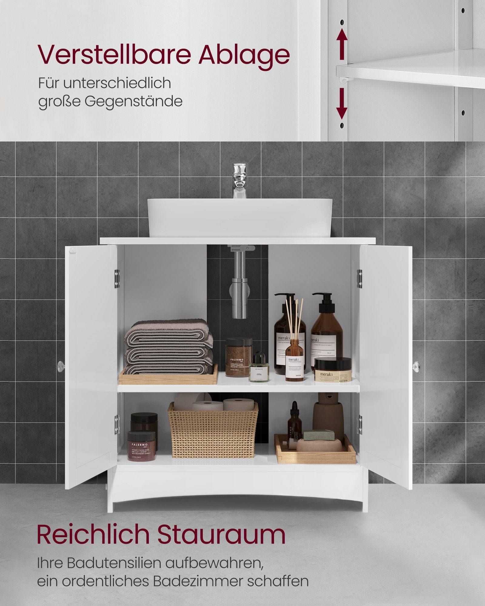 VASAGLE Waschbeckenunterschrank Waschtischunterschrank Badezimmerschrank mit 2 Türen, verstellbare Ablage, 2 Fächer, Breite 60cm