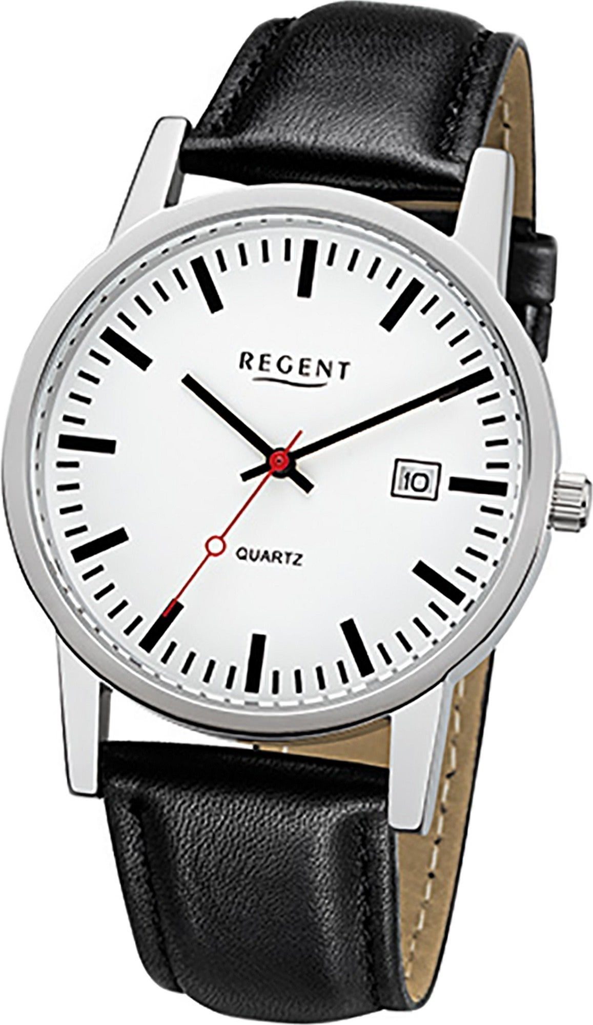 Regent Quarzuhr Regent Leder Herren Uhr F-1027 Quarzuhr, Herrenuhr Lederarmband schwarz, rundes Gehäuse, mittel (ca. 38mm)