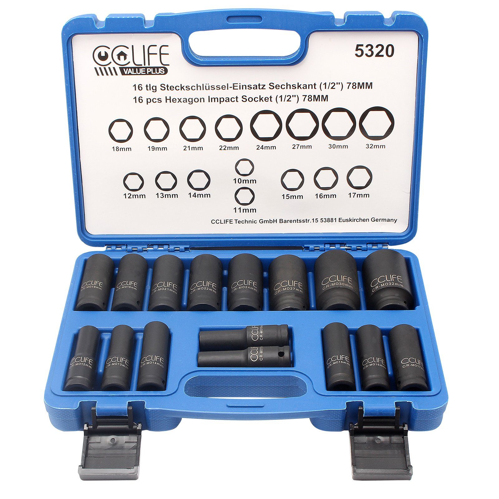 CCLIFE Steckschlüssel 16tlg 1/2" Ударный гайковерт Nüsse Set, 10-32mm Cr-Mo Sechskant Nuss (set, 16 St)