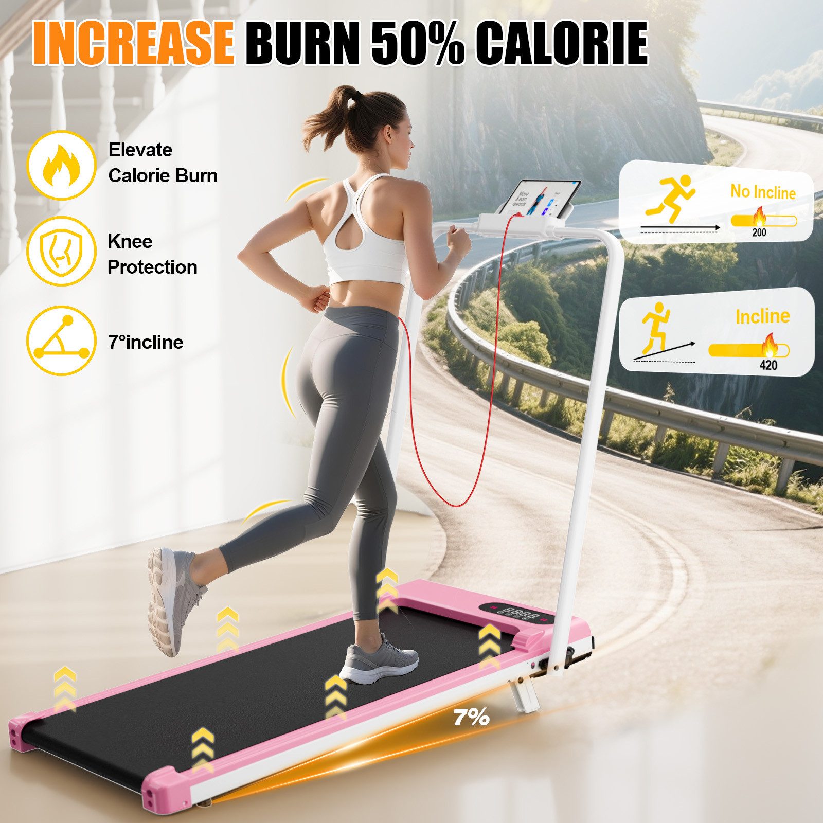 Dskeuzeew Laufband - Klappbares Laufbänder mit 7 % Steigung – 3-in-1-Laufband (mit Armlehnen und LED-Display - Lauffläche 38,5 x 90 cm), Walking Pad 1–8 km/h einstellbar - Motor 2,5 PS - Bis 130 kg