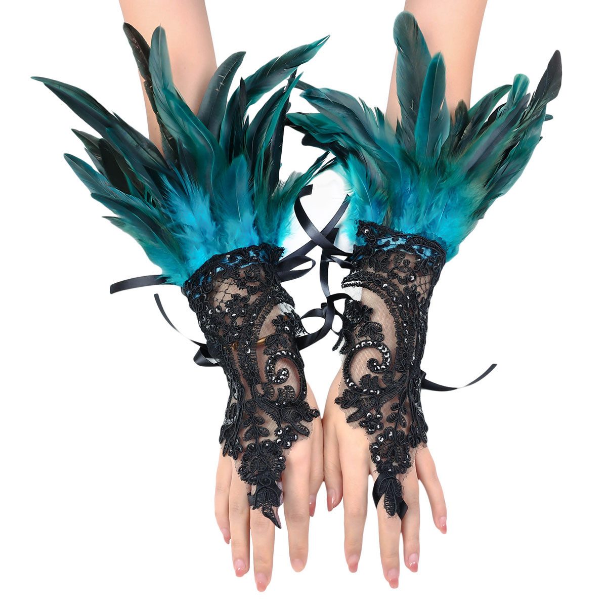 yozhiqu Abendhandschuhe Federhaken-Handschuhe, Gothic-Kunstleder-Mesh-Handschuhe Party-Ball, schwarze Spitze, Armband-Ärmel-Zubehör