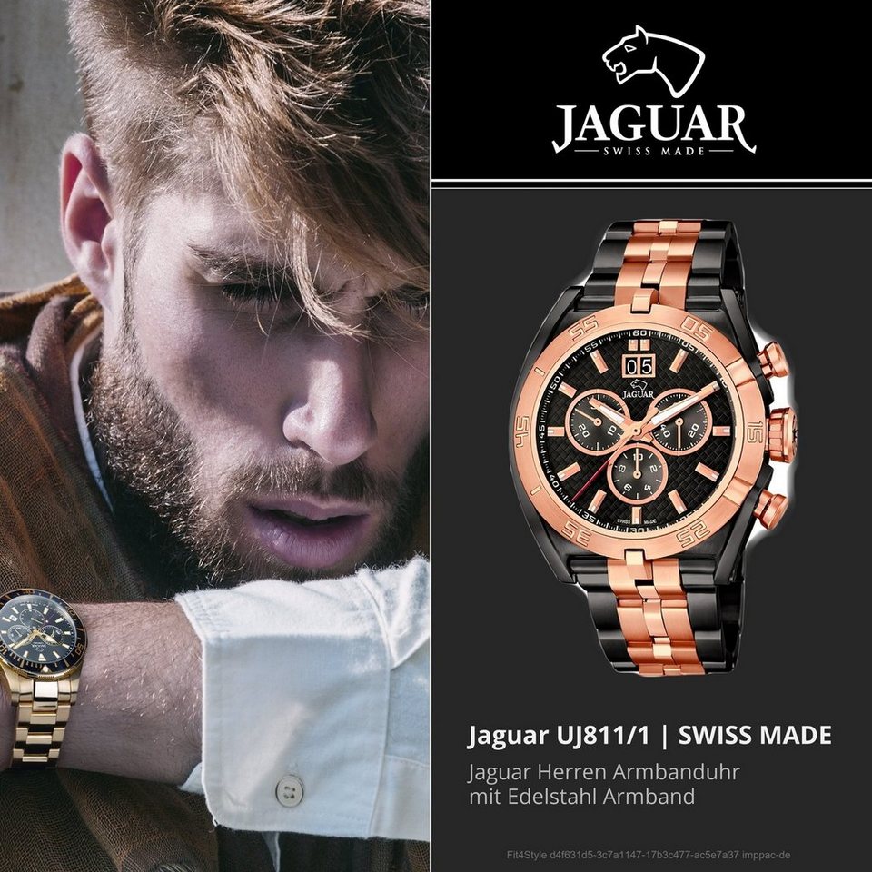JAGUAR Chronograph Jaguar Edelstahl Herren Uhr J811/1, Herrenuhr mit  Edelstahlarmband, rundes Gehäuse, extra groß (ca. 46mm)