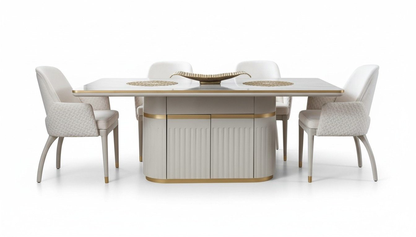 JVmoebel Essgruppe Hochglanz Esstisch mit Stühlen aus Edelstahl und Holz in Weiß, (5-tlg., 5tlg. Esszimmer Set (Esstisch + 4x Stühle), Made in Europa