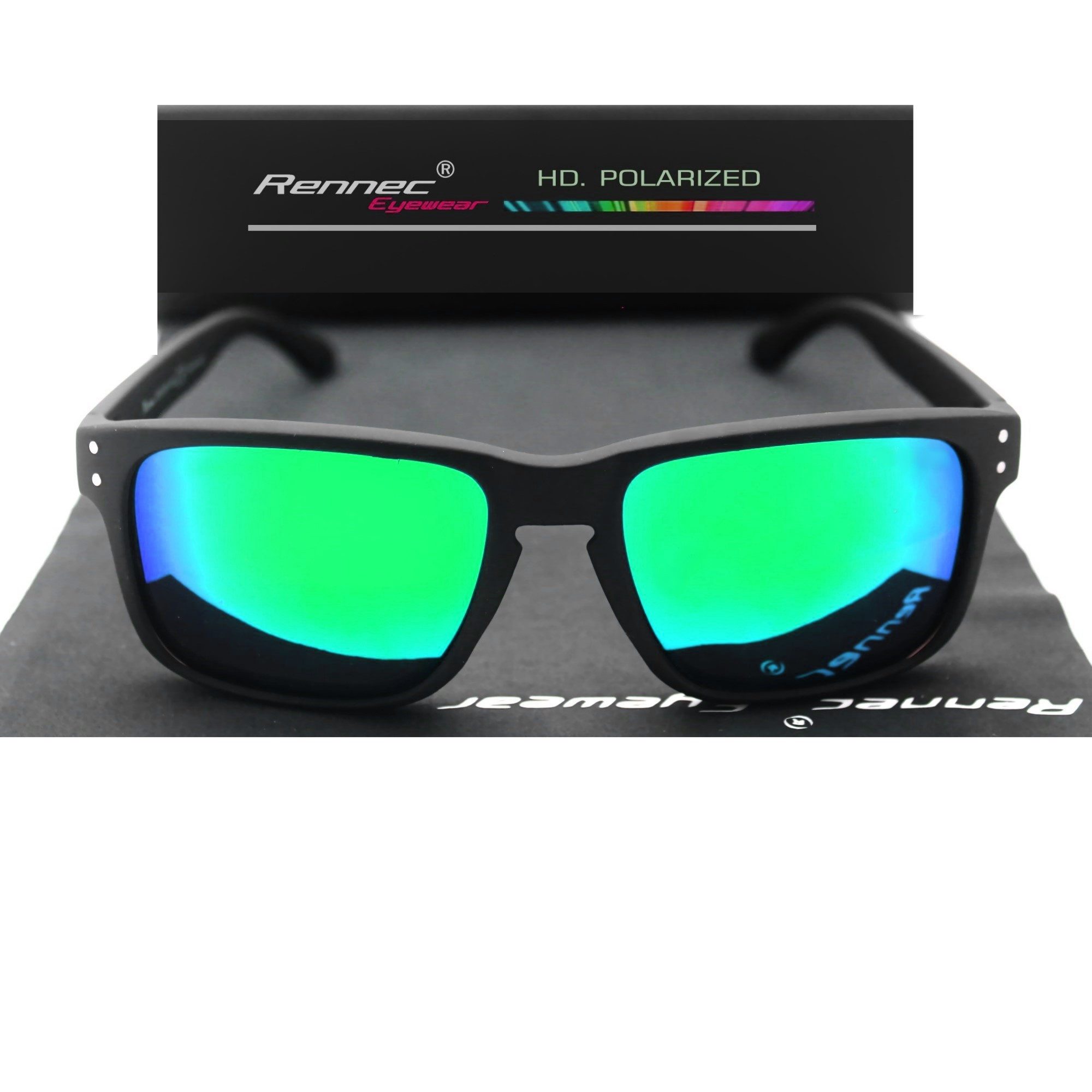 Rennec Sonnenbrille Polarisiert Herren Markenbrille mit Brillenbeutel Gläser Polarisiert Grün Blau Verspiegelt stabile Bügelgelenke