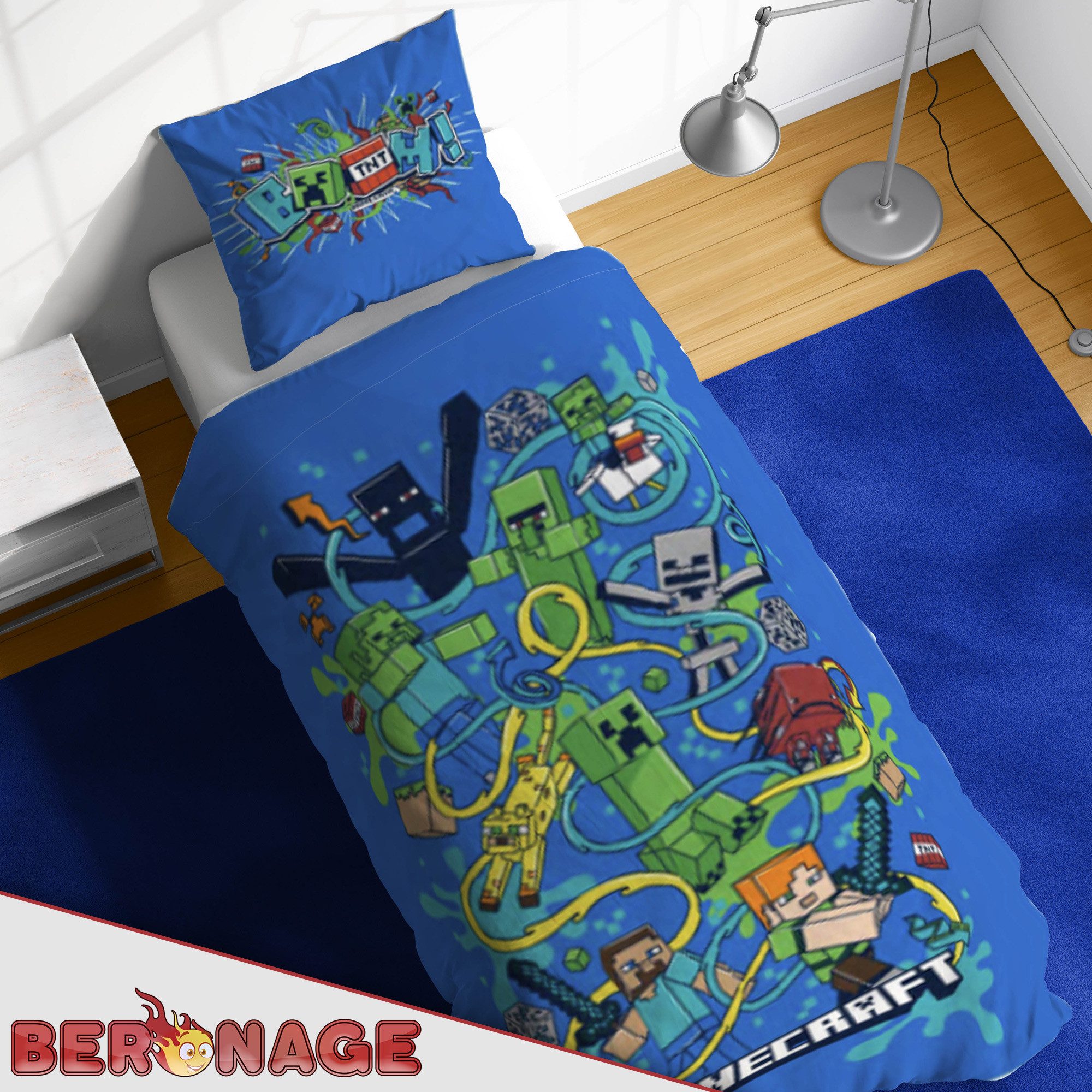 BERONAGE Wendebettwäsche Minecraft Bettwäsche Slurp Blast Biber / Flanell, Baumwolle, 2 teilig, 135x200 + 80x80 cm
