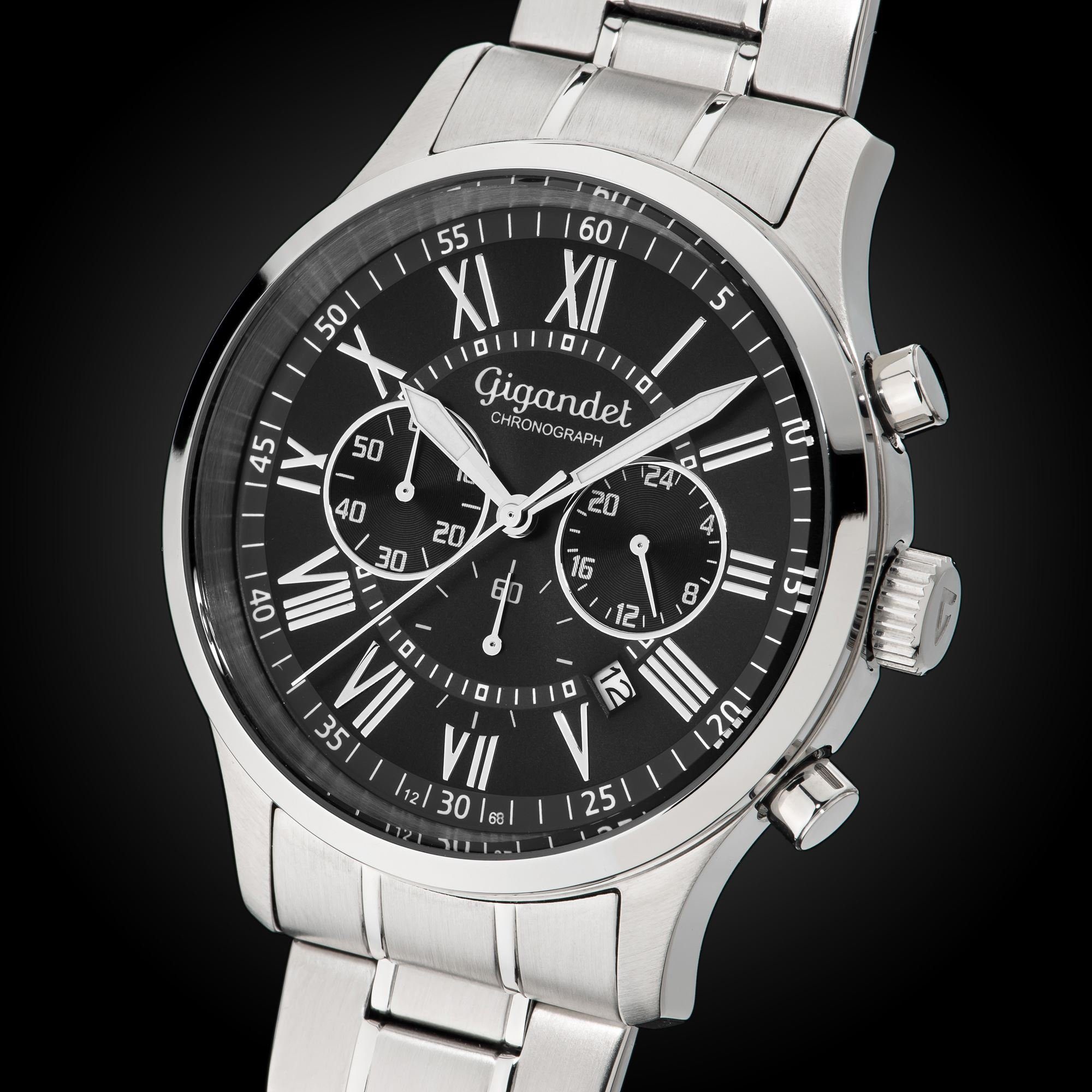Gigandet Chronograph Armbanduhr, Herrenuhr, Sportuhr, 44mm, VERNISSAGE G47-002, Mineralglas, Datumsanzeige, Edelstahlband, 5bar/50m wasserdicht