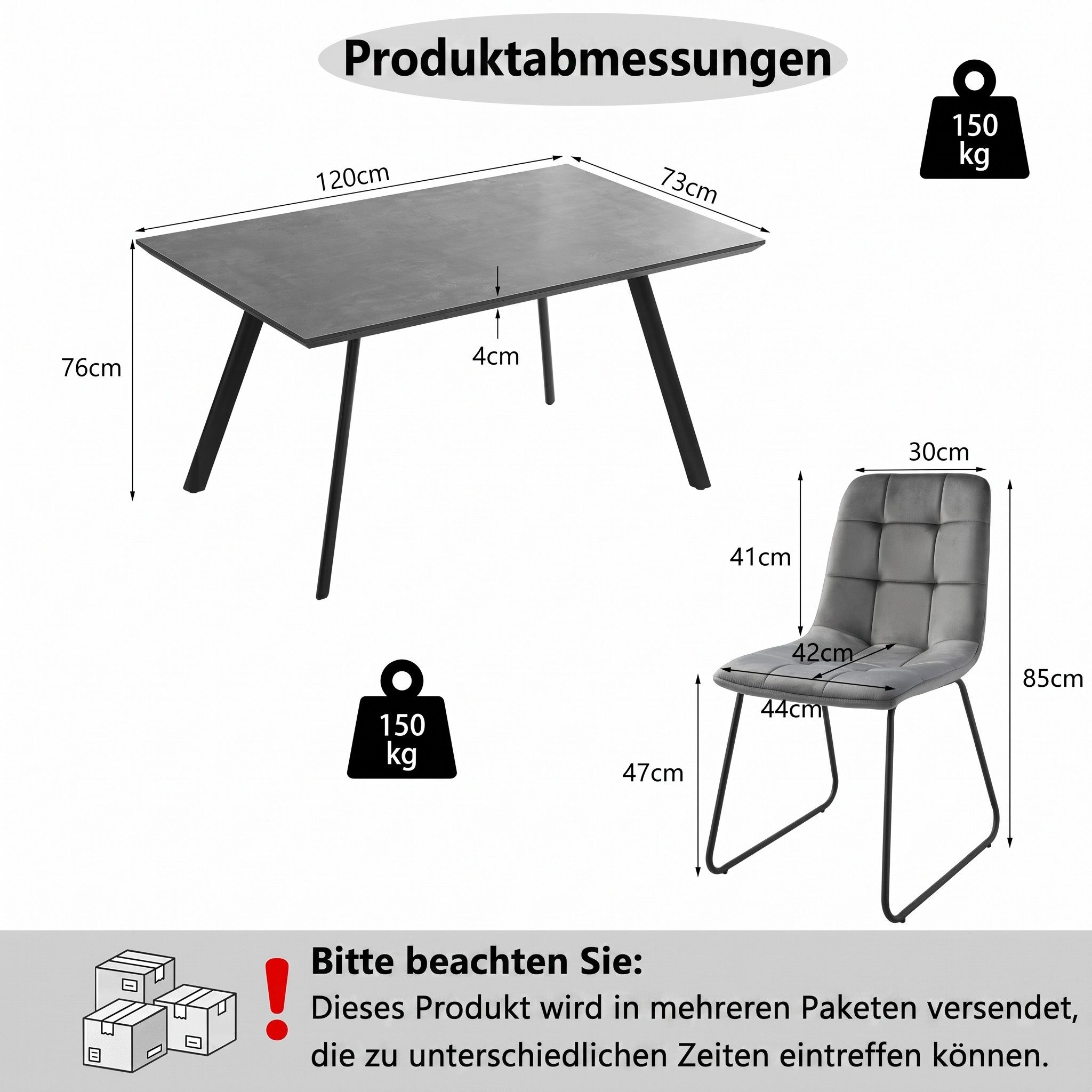 Jiexi Essgruppe Essgruppe fest 120x73 MDF Grau Tisch Set mit Flanell Stühlen