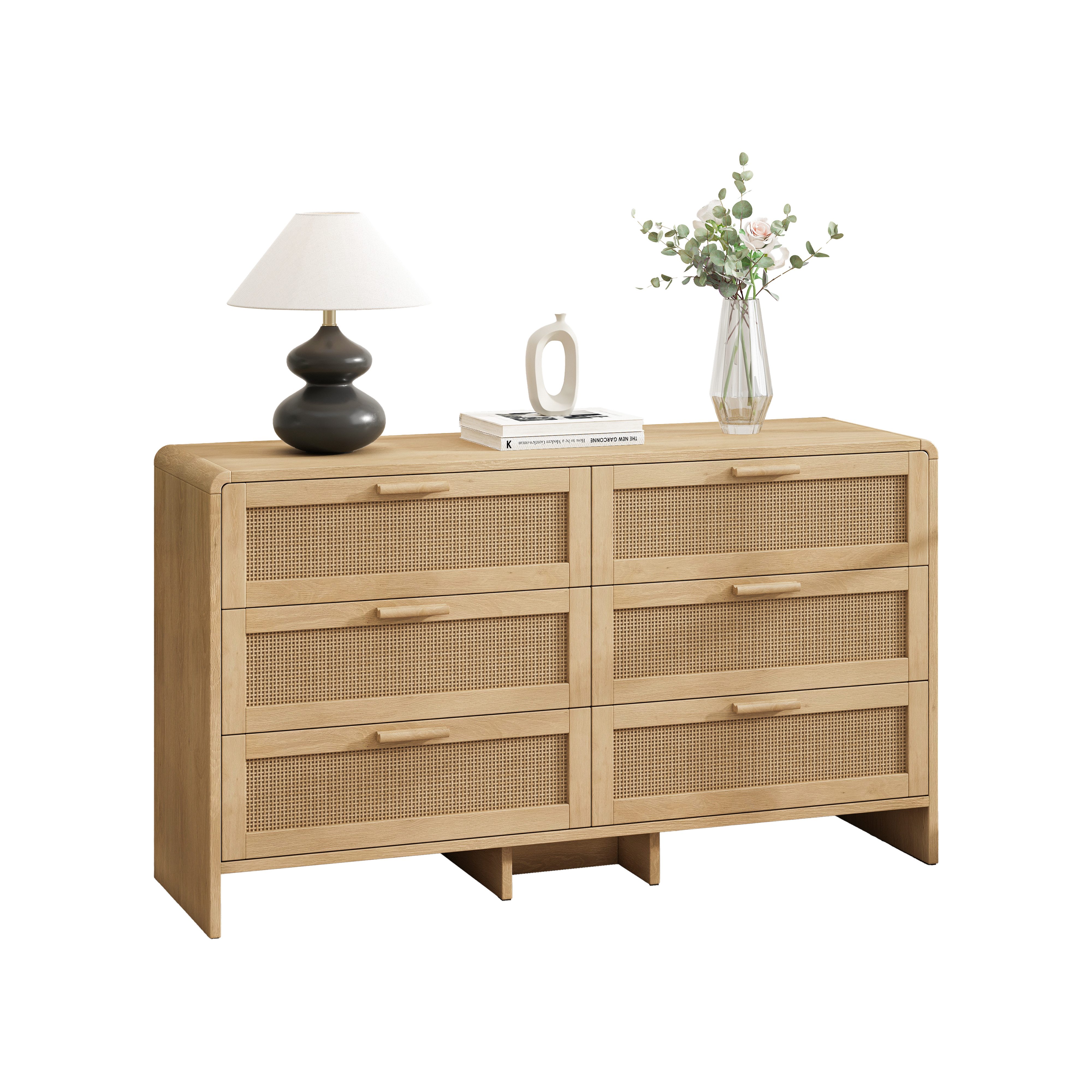 Celya Kommode 130cm Kommode mit 6 Schubladen, mit schubladen, Rattanschrank (kommoden für schlafzimmer, Natürlich), Arc Shaped Corner Rattan Cabinet