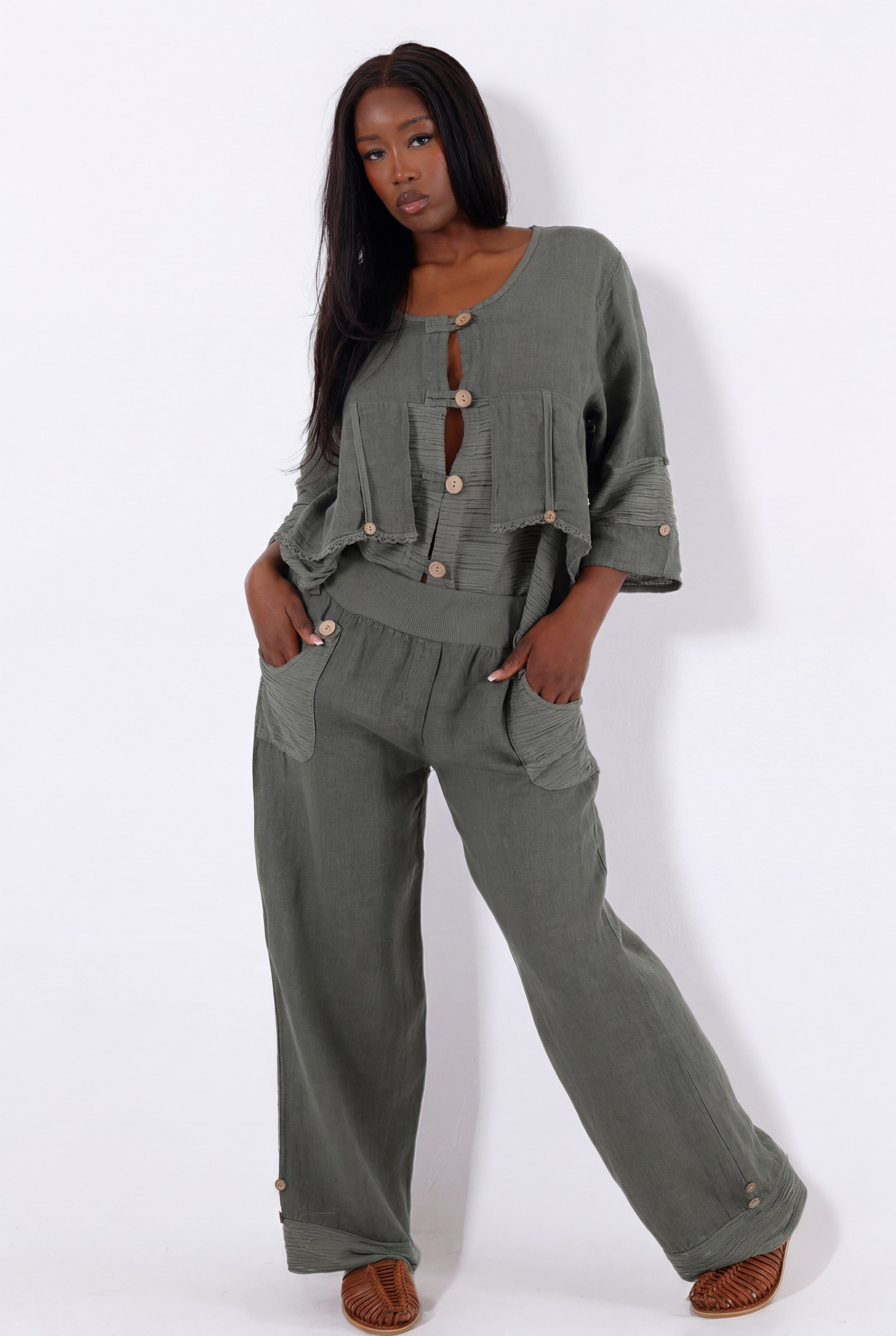 YC Fashion & Style Hosenanzug Boho Leinen-Zweiteiler aus 100 % Leinen mit Knopfdetails 2 teiliges Set