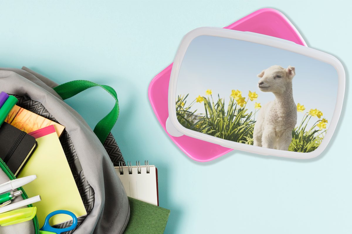 MuchoWow Lunchbox Snackbox, rosa Brotbox - - Frühling, Brotdose Schafe Mädchen, (2-tlg), Blumen Kinder, für Erwachsene, Kunststoff, Kunststoff