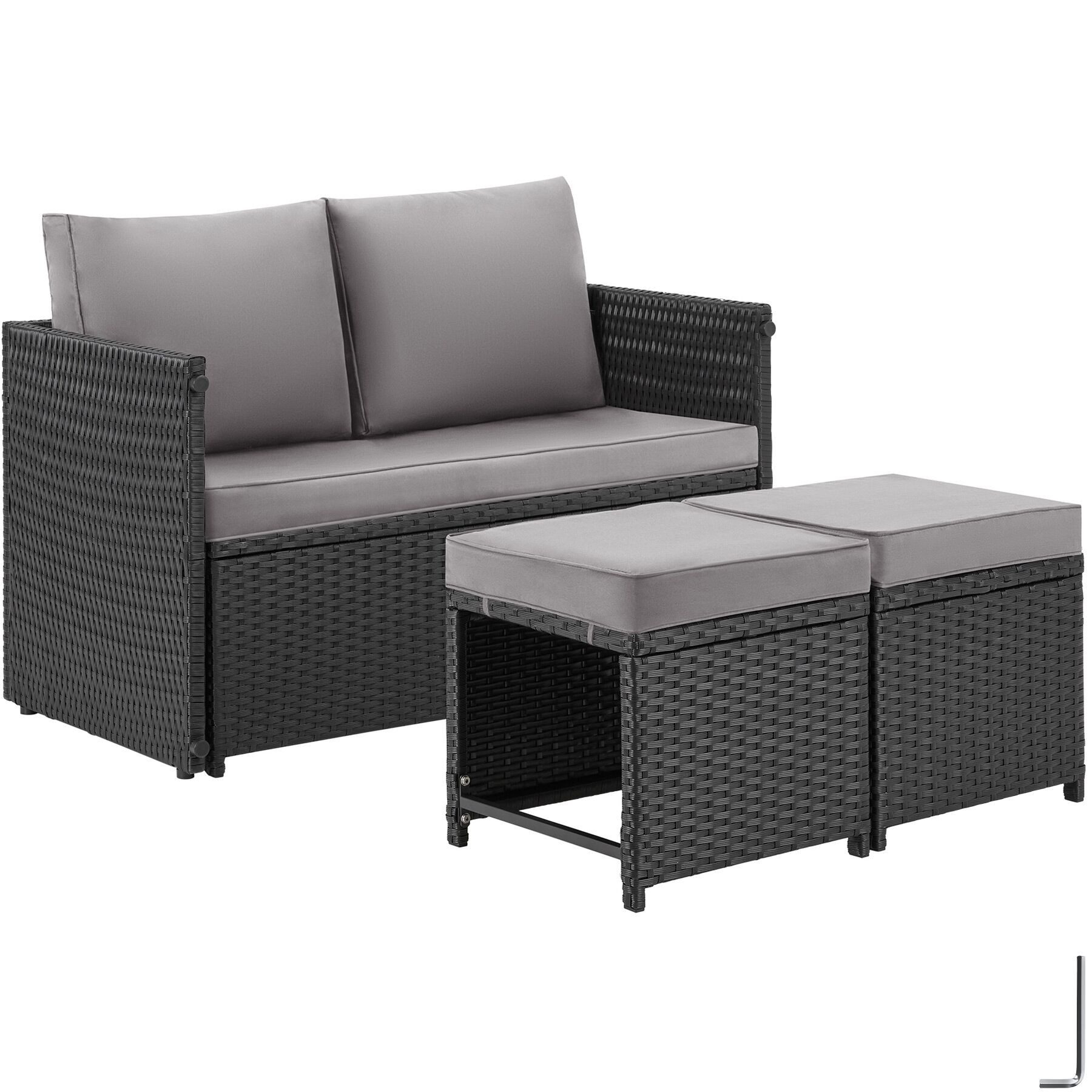 tectake Sitzgruppe Rattanlounge Monopoli - 2-in-1 Sofa & Esstisch für Balkon, (Set., 3-tlg., 9 tlg), Hochwertiges Polyrattan und stabiles, pulverbeschichtetes Stahlgestell