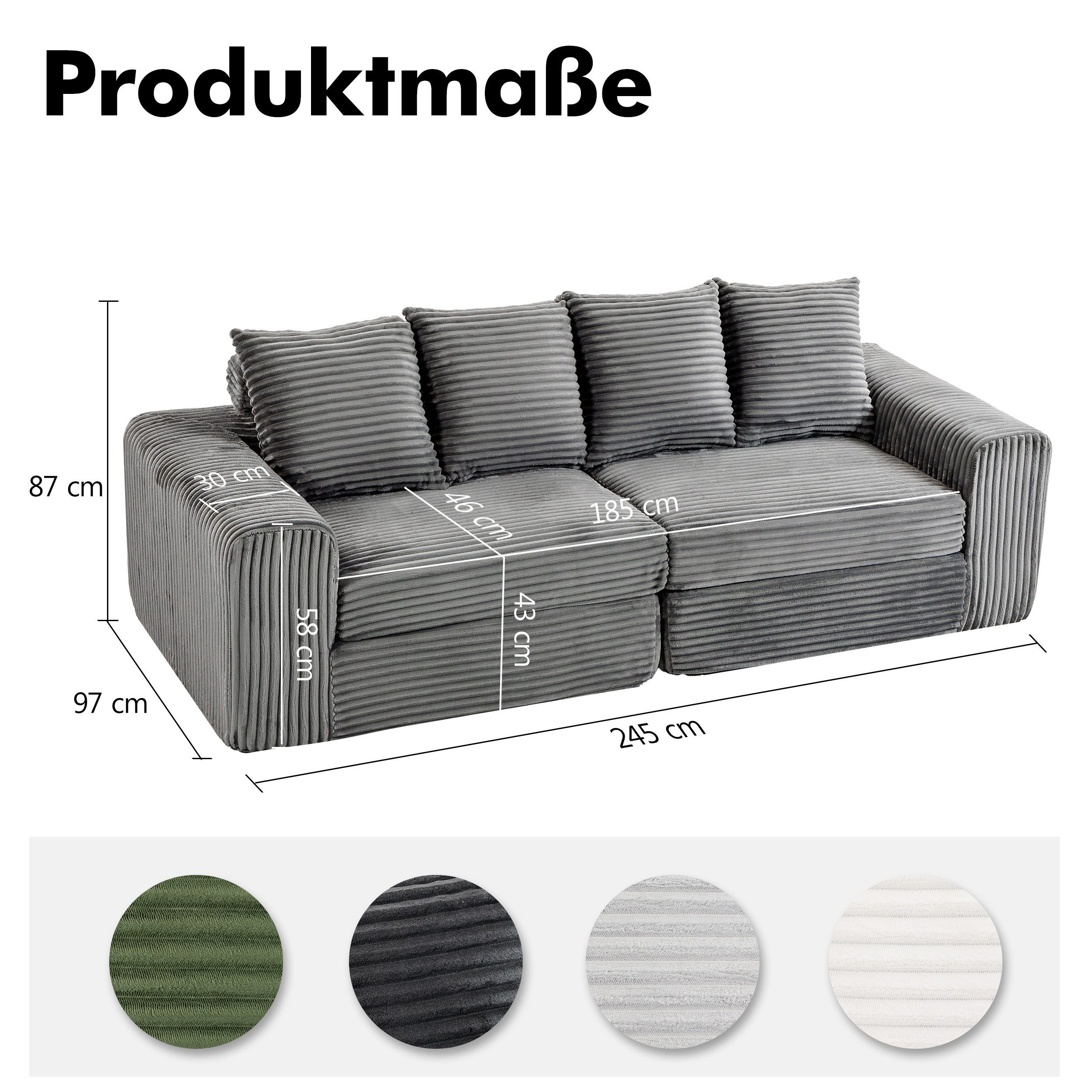 Sinaopus Sofa Breites Cordsofa mit tiefem Sitzkomfort und weichen Kissen, Modulares Sofa mit hochelastischer Polsterung für Wohnzimmer