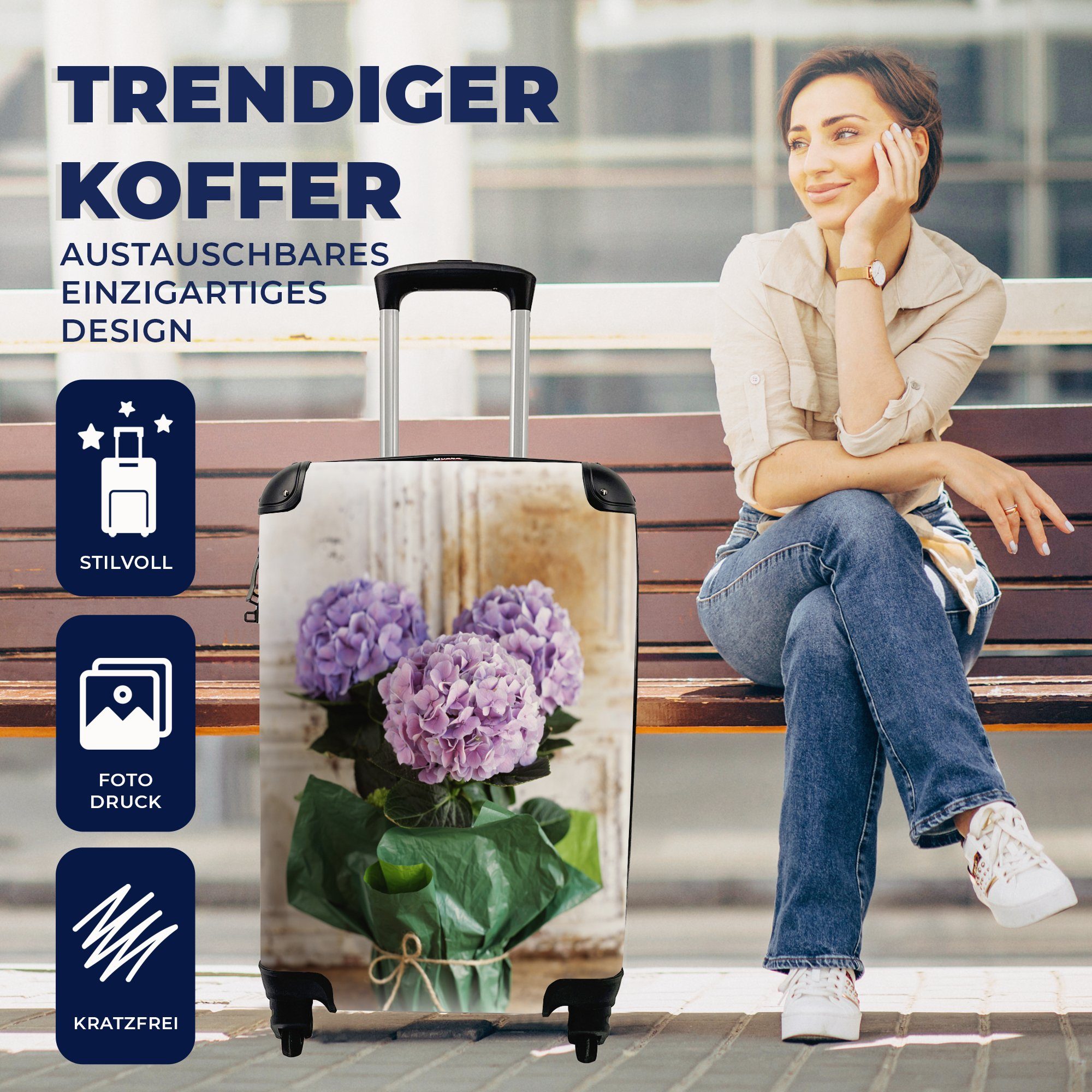 MuchoWow Handgepäckkoffer Hortensienstrauß, 4 Rollen, Reisekoffer Handgepäck mit für Reisetasche Ferien, Trolley, rollen