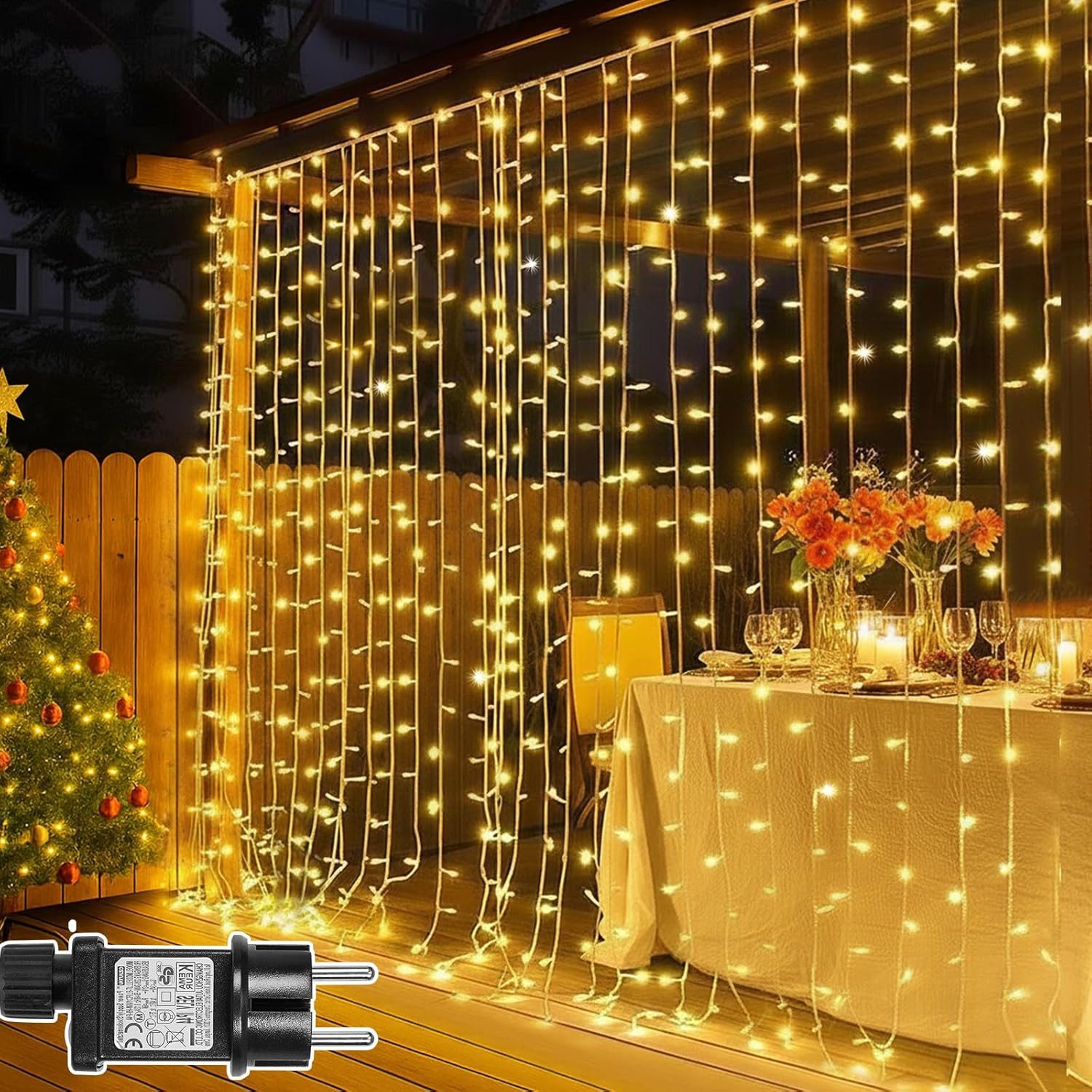 Rosnek LED-Lichtervorhang 300 LED Lichternetz Lichtervorhang Lichterkette, Weihnachtsdekoration, 8 Modi, 31 V Energiesparen mit Timer und Speicher