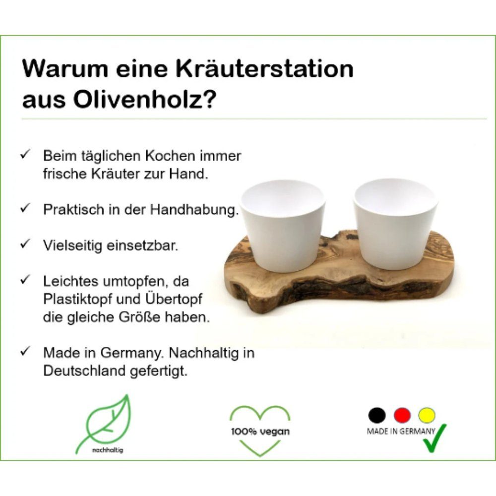 Olivenholz-erleben Kräutertopf 2er (Kräuterstation St) 2 mit und Übertöpfen, 1 Kräuterstation Olivenholz-Sockel Olivenholz-Sockel