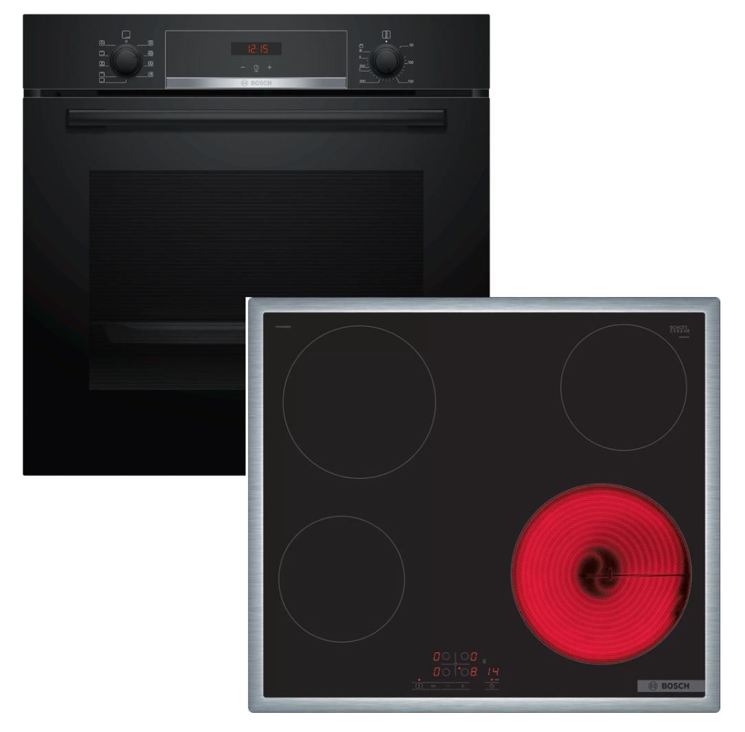 BOSCH Backofen-Set Teleskopauszug EcoClean Direct + Elektrokochfeld Timer autark 60cm