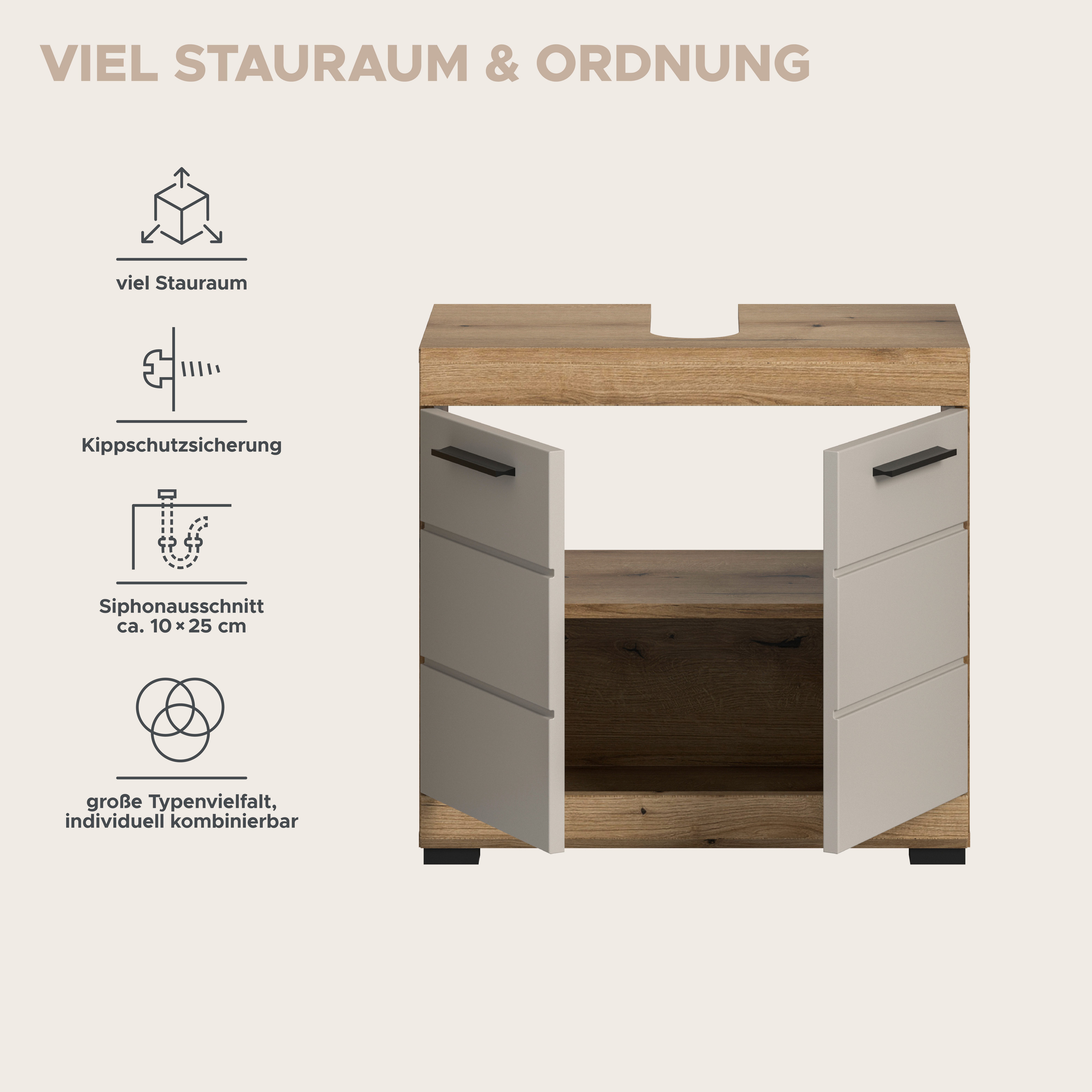 welltime Waschbeckenunterschrank SIENA, Breite 60cm, mit 2 Türen oder 2 Schubkästen, MDF-Front (1-St., TOPSELLER!, mit Siphonausschnitt 10x25 cm) in verschieden – Bild 5 von 5