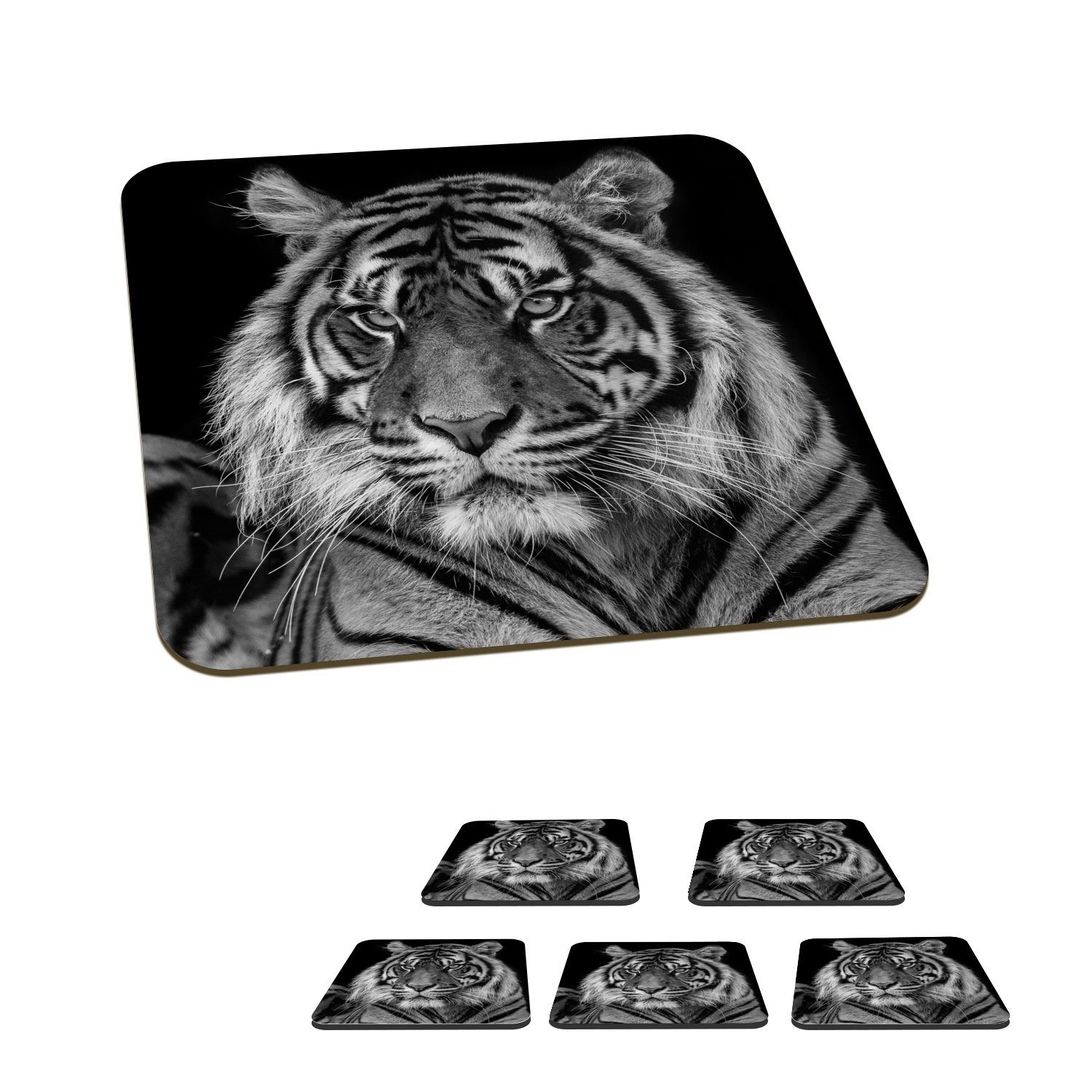 MuchoWow Glasuntersetzer Sumatra-Tiger auf schwarzem Zubehör 6-tlg., Gläser, Tasse Hintergrund, Tischuntersetzer, Glasuntersetzer, für Korkuntersetzer, Untersetzer