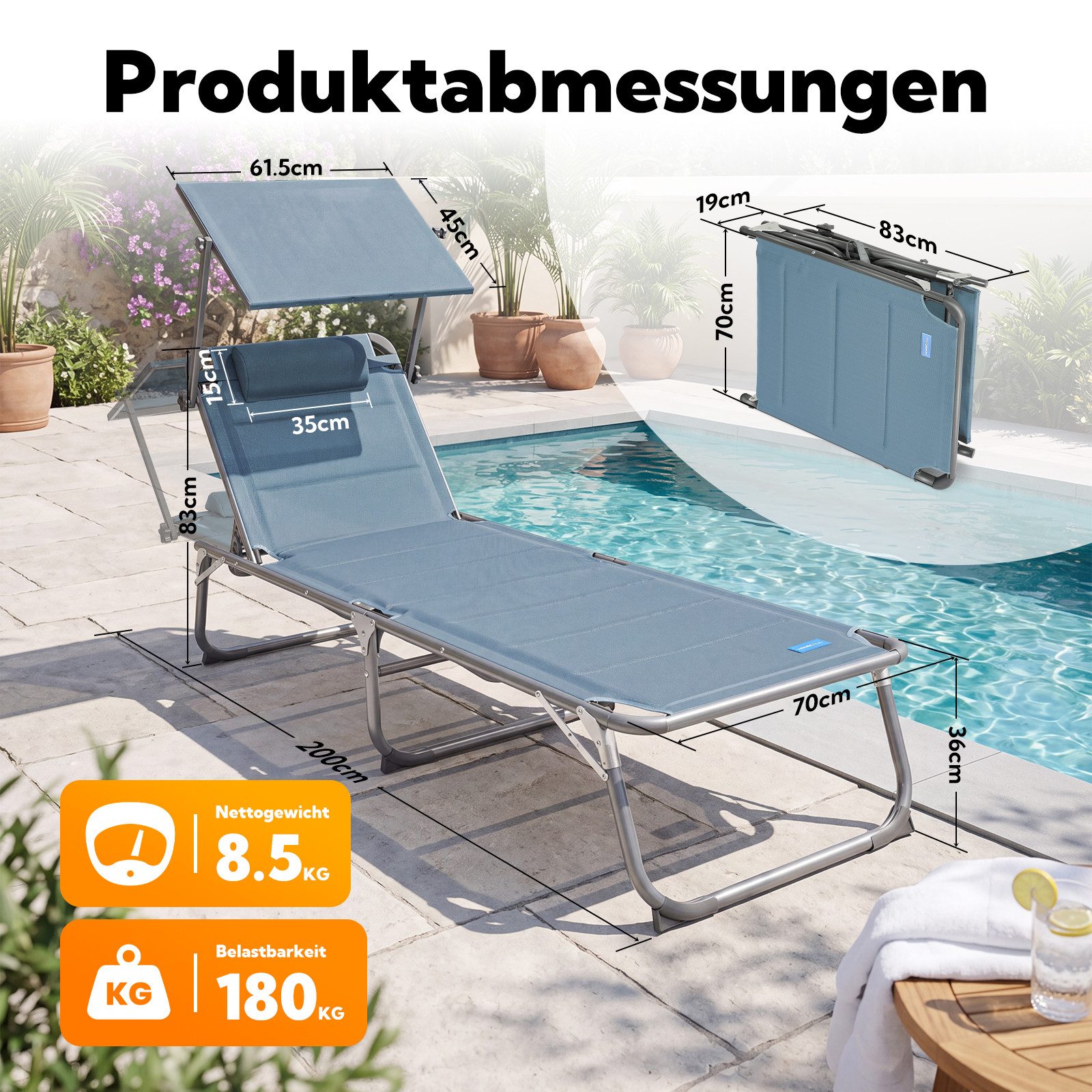 HOMECALL Gartenliege Sonnenliege AluLiege Liegestuhl Strandliege Liegen wetterfest, klappbar, Textilene Mit Dickemschnelltrocknende Schaumstoffpolsterung, Verst – Bild 2 von 5