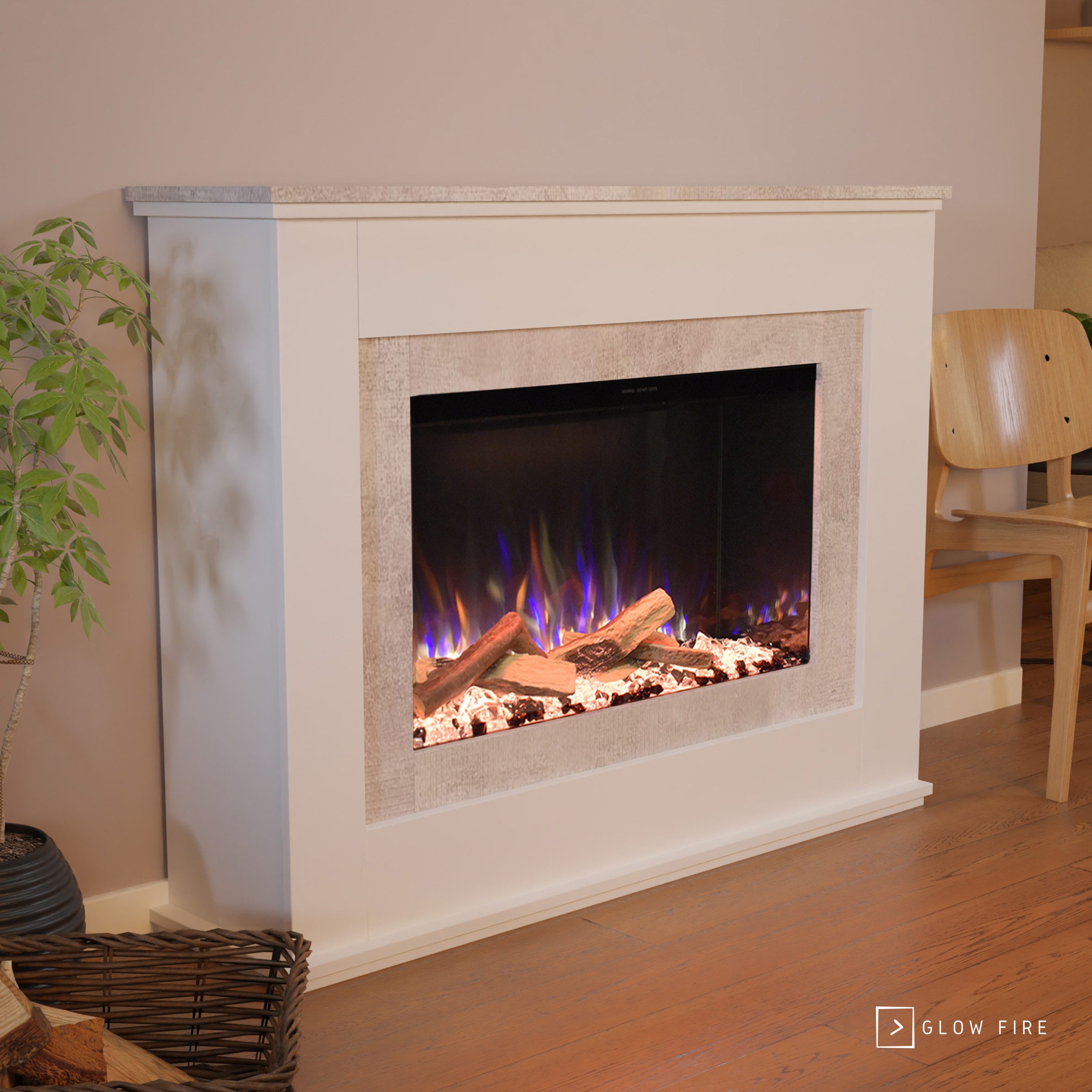 GLOW FIRE Elektrokamin PR6 E-Motion 3D, Elektrischer Kamin mit 3D Feuer mit Heizung, täuschend echte Flamme mit Heizung, 3 Dekorationen