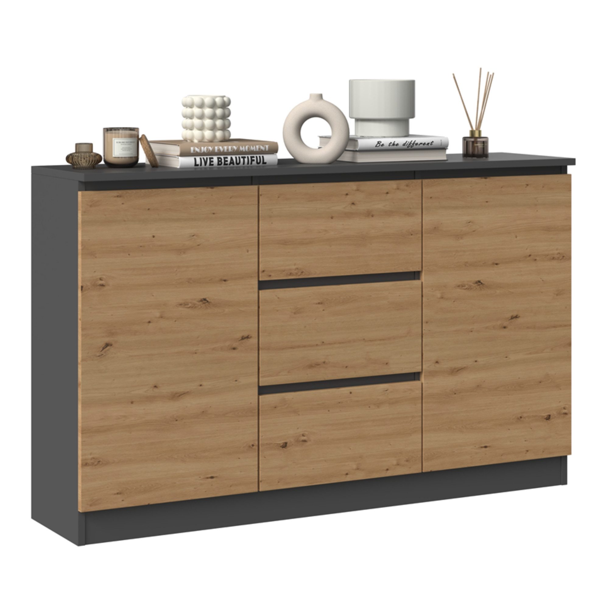 Home Collective Kommode Highboard Sideboard für Flur Schlafzimmer Wohnzimmer (Perfekt für Wohnzimmer, Schlafzimmer oder Esszimmer), mit 3 Schubladen und 2 Türen – Bild 2 von 5