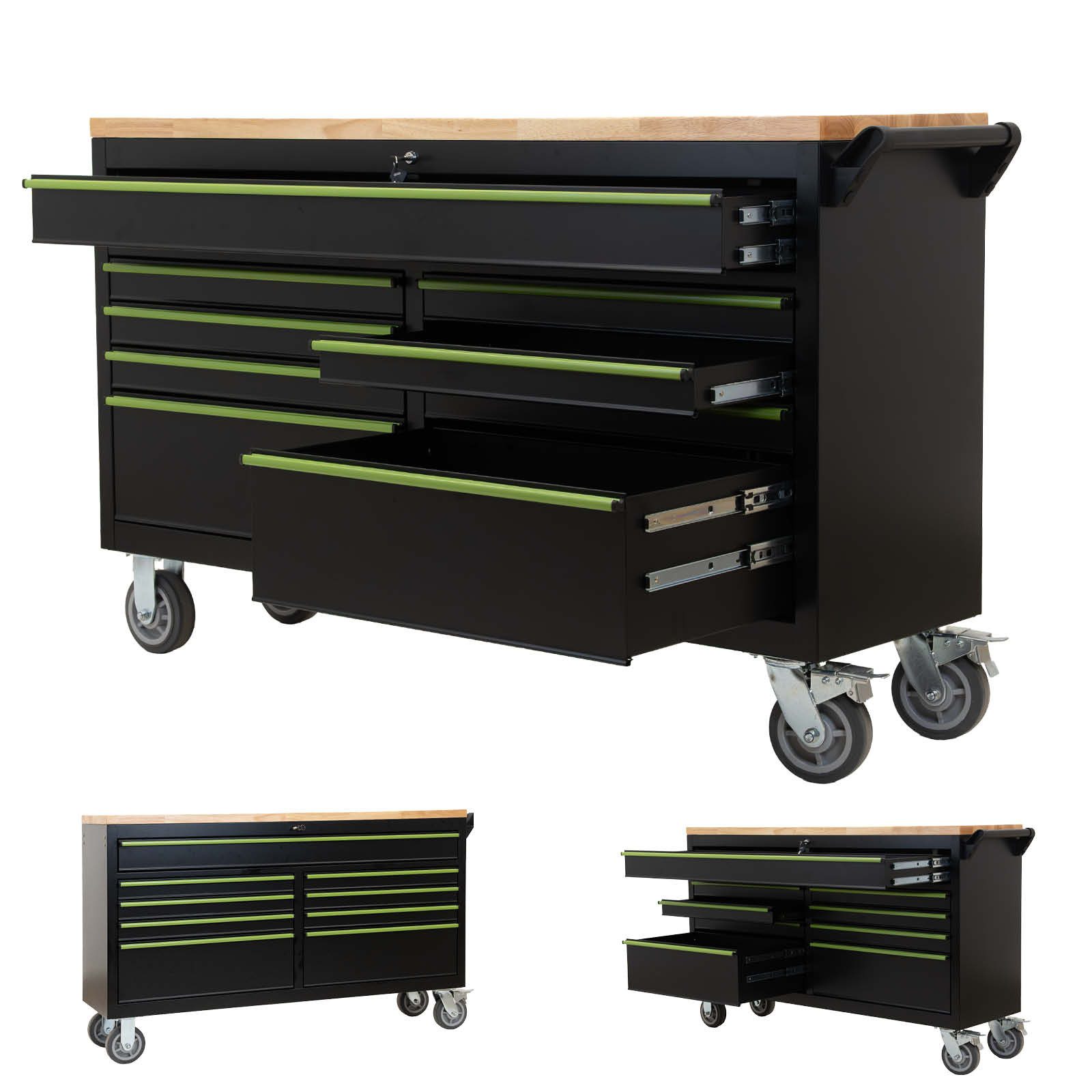 TRUTZHOLM Werkstattwagen Star XXL 163x97cm Werkplatte Gummibaumholz 9 Schubladen Kugelgelagert, verschließbare Schubladen, max. Traglast:750 kg, (Artikel, 1-tlg), Robustes Design