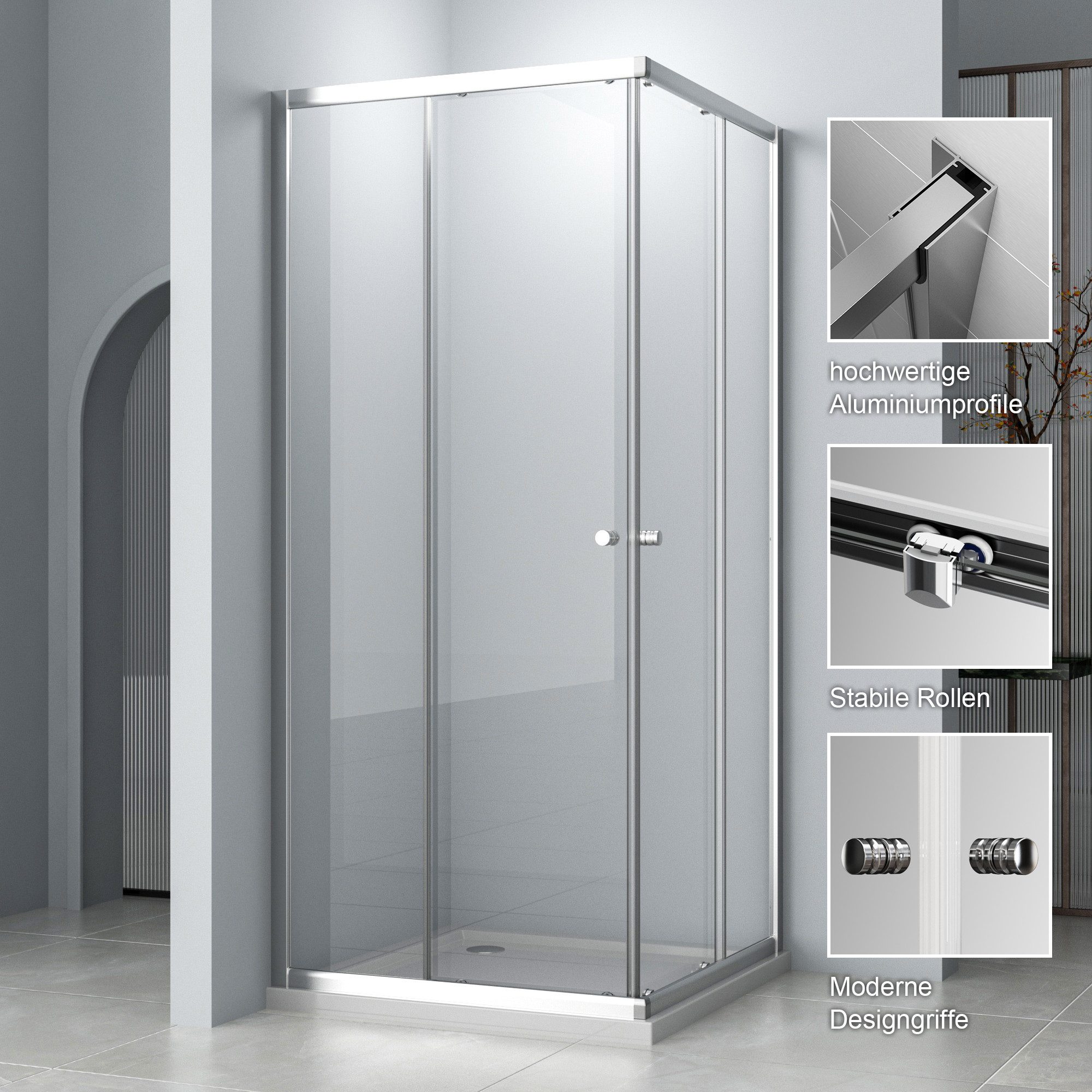 Hopibath Eckdusche 80x80 100x80 Eckeinstieg Duschkabine Chrom H:185cm, BxT: 75x80 cm, 5mm Sicherheitsglas, Doppel Schiebetür, Breite,Tiefe:75/80/90/100cm, mit Alurahmen, 16 Türrollen, Aluprofile mit 20mm Verstellbereich