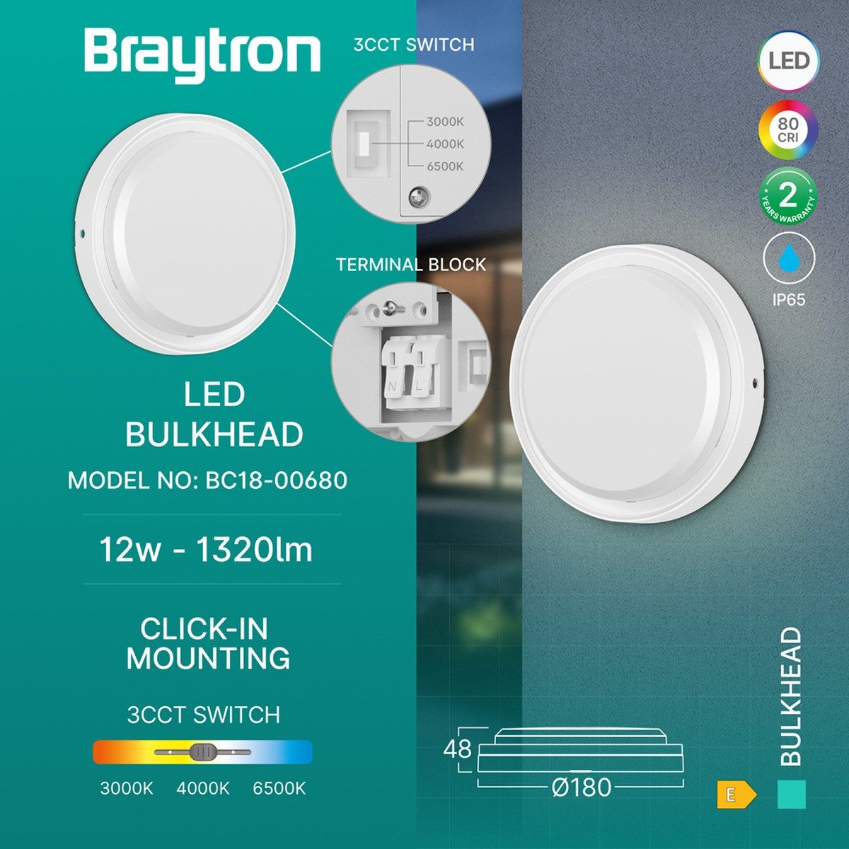 Braytron LED Deckenleuchte 12W Wandleuchte 3 Lichtfarben 1320 Lumen Wetterfest, LED fest integriert, Neutralweiß, Kaltweiß, Warmweiß, Energieeffizient, Flimmerfrei, Langlebig, Spritzwassergeschützt, 3CCT
