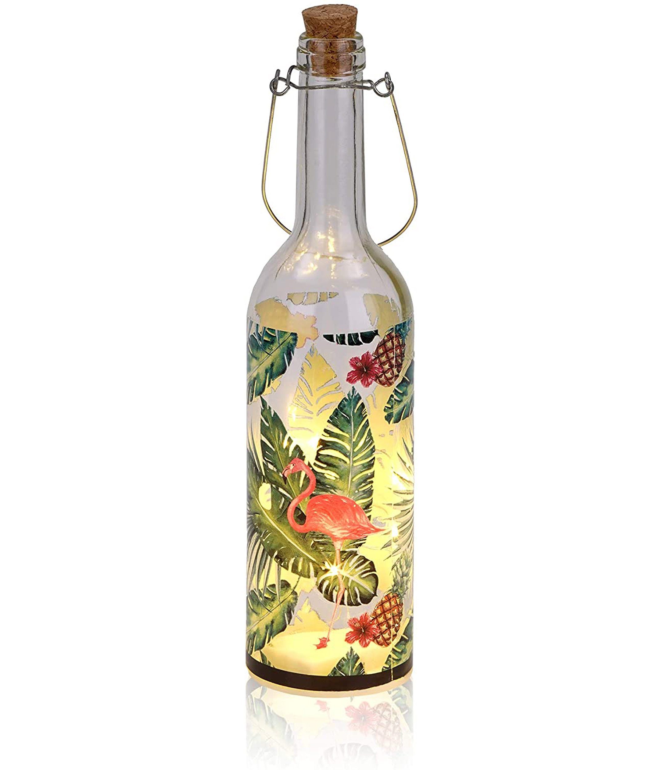 BRUBAKER LED Dekolicht Lichterflasche "Flamingo" mit 5 LED Sternen, LED Lichterkette, Warmweiß, Dekoleuchte mit Motivaufdruck, Party Licht Deko, Höhe 28 cm