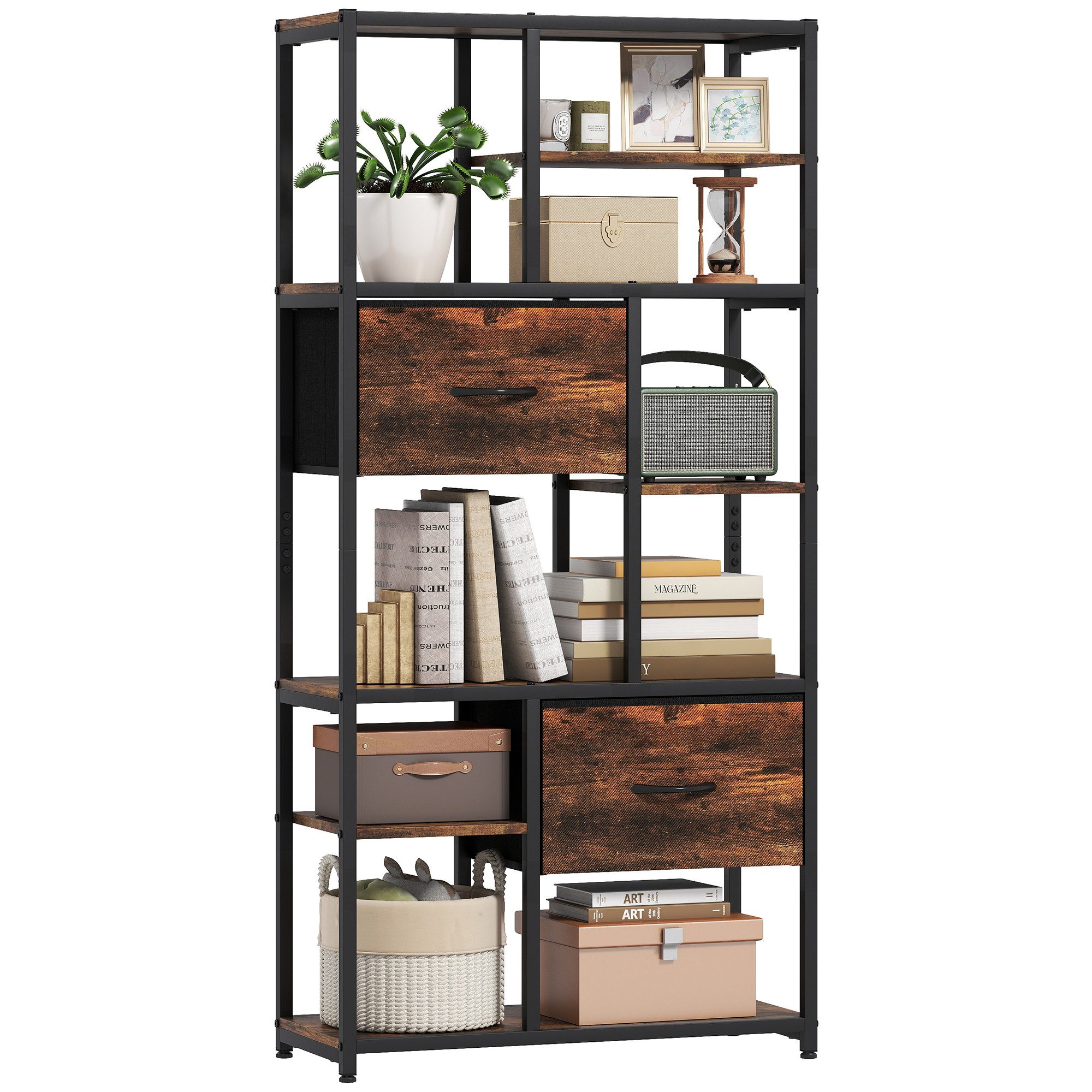 HOMCOM Standregal Bücherregal mit 2 Stoffschubladen, 9 offenen Fächern, Aufbewahrungsregal 1-tlg., für Büro, Wohnzimmer, Schlafzimmer, 72,5x30x150 cm, Rustikal-Braun