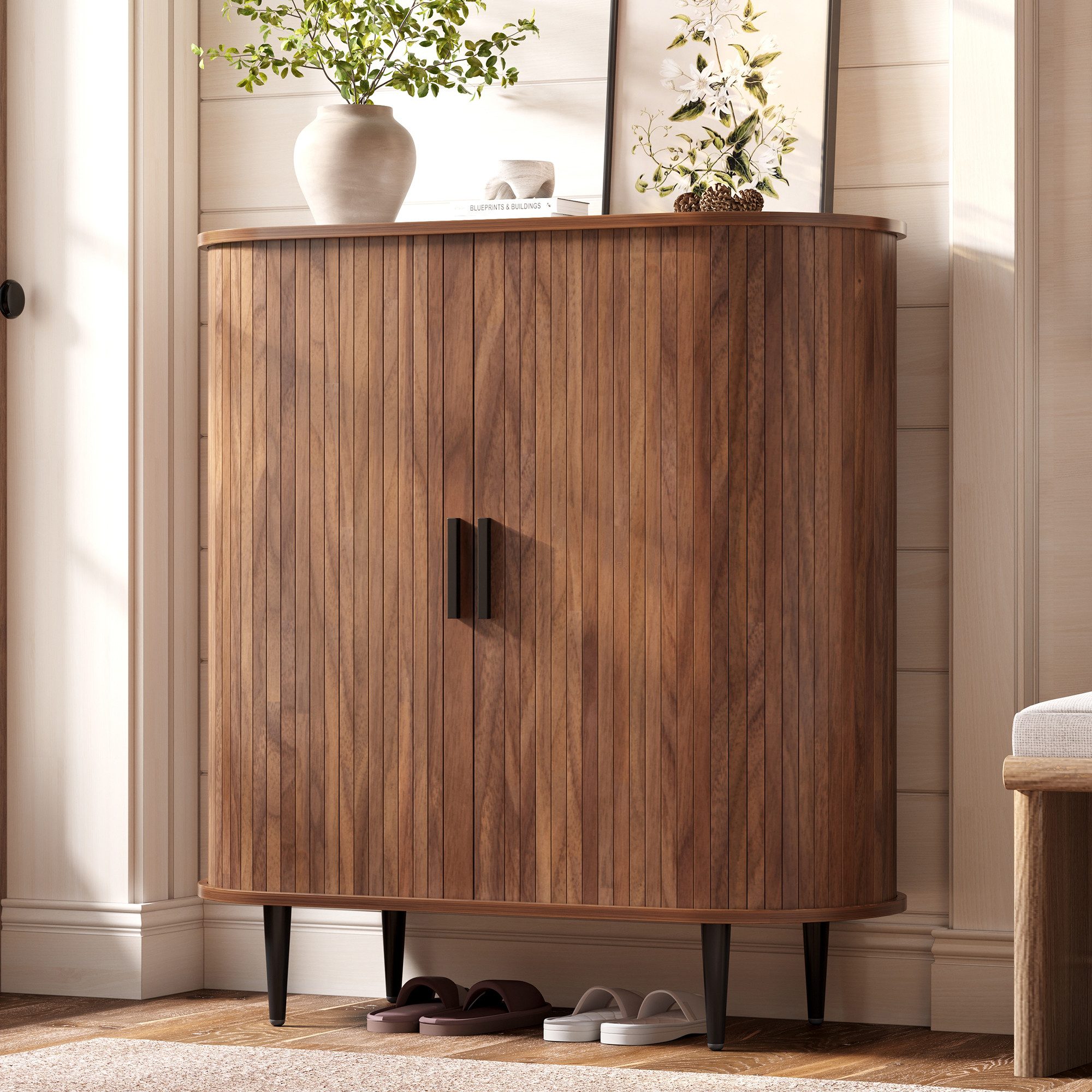 Flieks Hochschrank Mehrzweckschrank mit 2 Schiebetüren in Holzoptik, 4 Haken (1-St., B85xT40xH93 cm) Sideboard Schuhschrank mit verstellbarer Einlegeböden Walnussholzfarbe