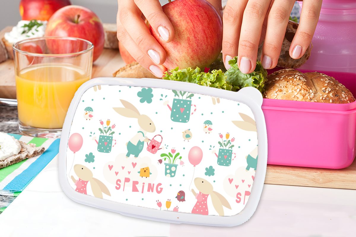 Brotdose - MuchoWow (2-tlg), Mädchen, Erwachsene, - Kunststoff Kunststoff, Muster Brotbox Snackbox, Ostern Kinder, für Frühling, Lunchbox rosa