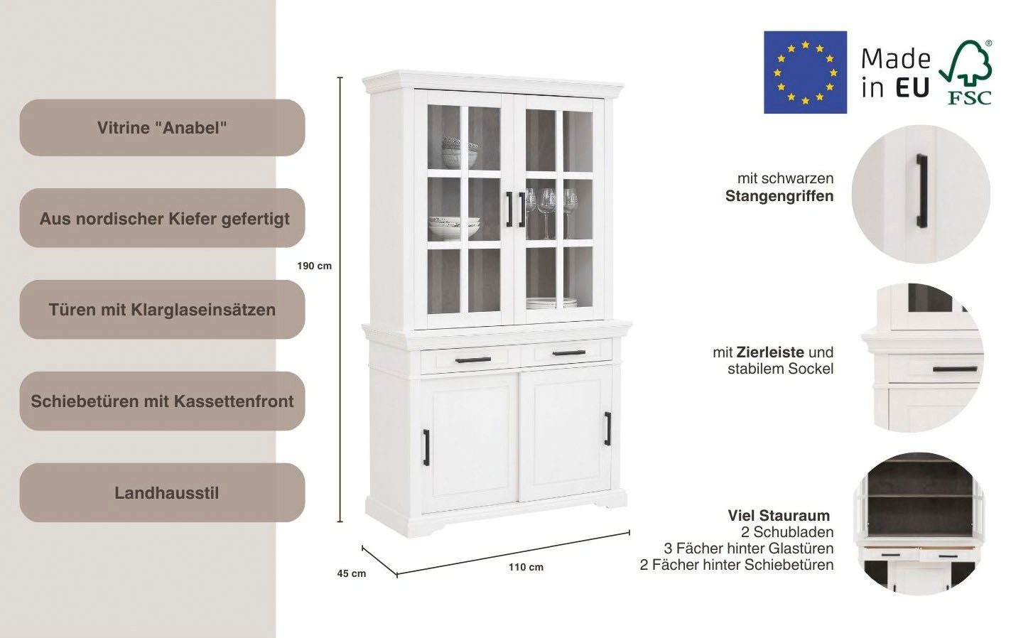 OTTO home Vitrine Anabel Buffet mit 2 Glastüren, Schubkästen und 2 Schiebetüren aus massiver Kiefer FSC®, Breite 110 cm, Höhe 190 cm
