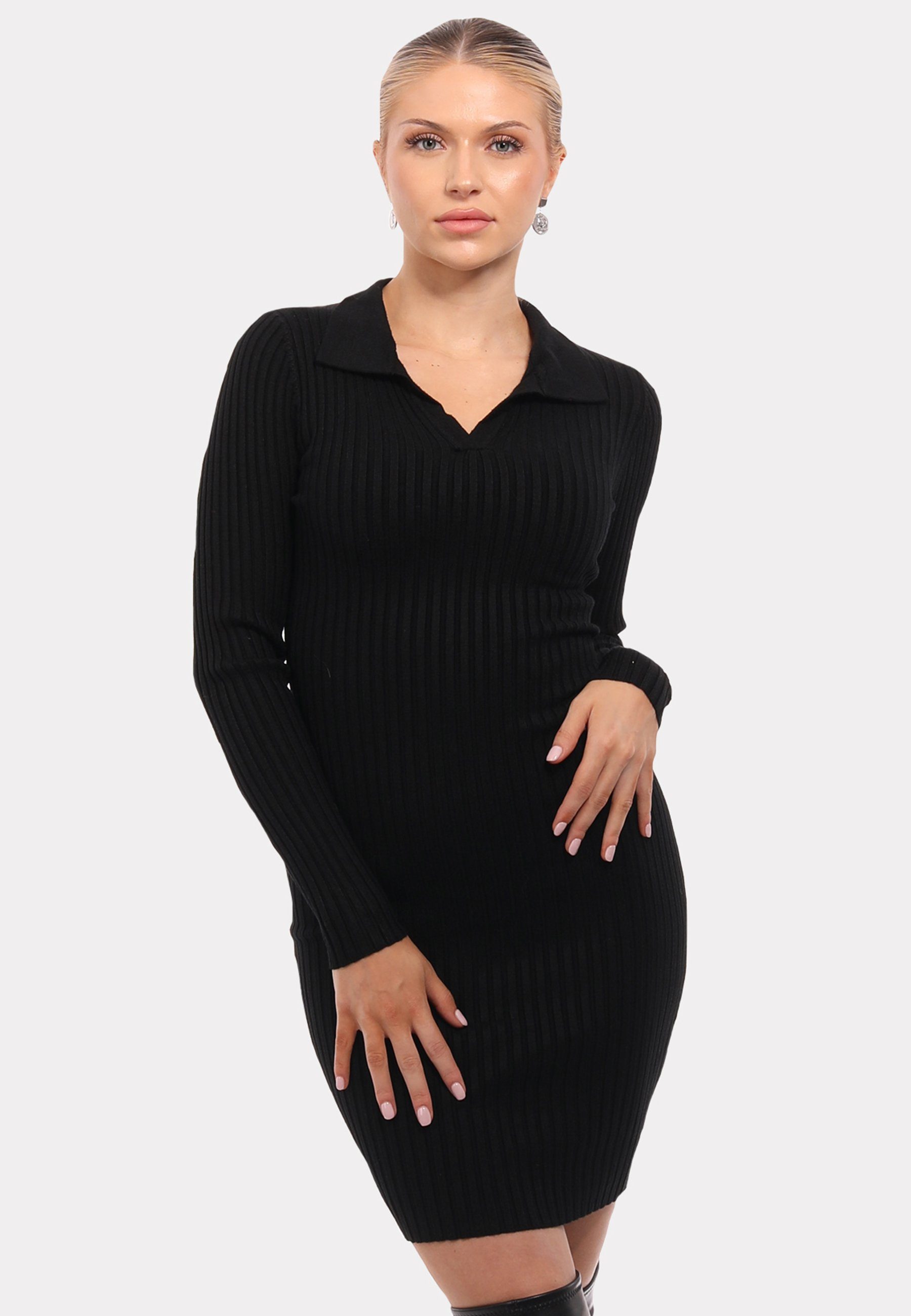 (1-tlg) Elegantes Polokragen schwarz mit Strickkleid Fashion Unifarbe Mini in Strickkleid YC Style &