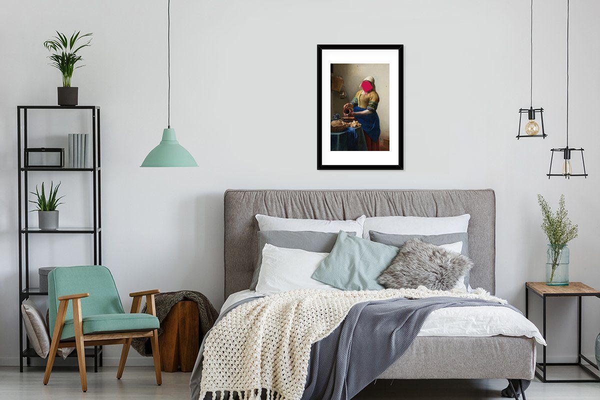 Gerahmtes Vermeer Rosa, Bilderrahmen MuchoWow - Schwarzem Milchmädchen - Johannes Rahmen, (1 St), Poster Poster, Kunstdruck, mit