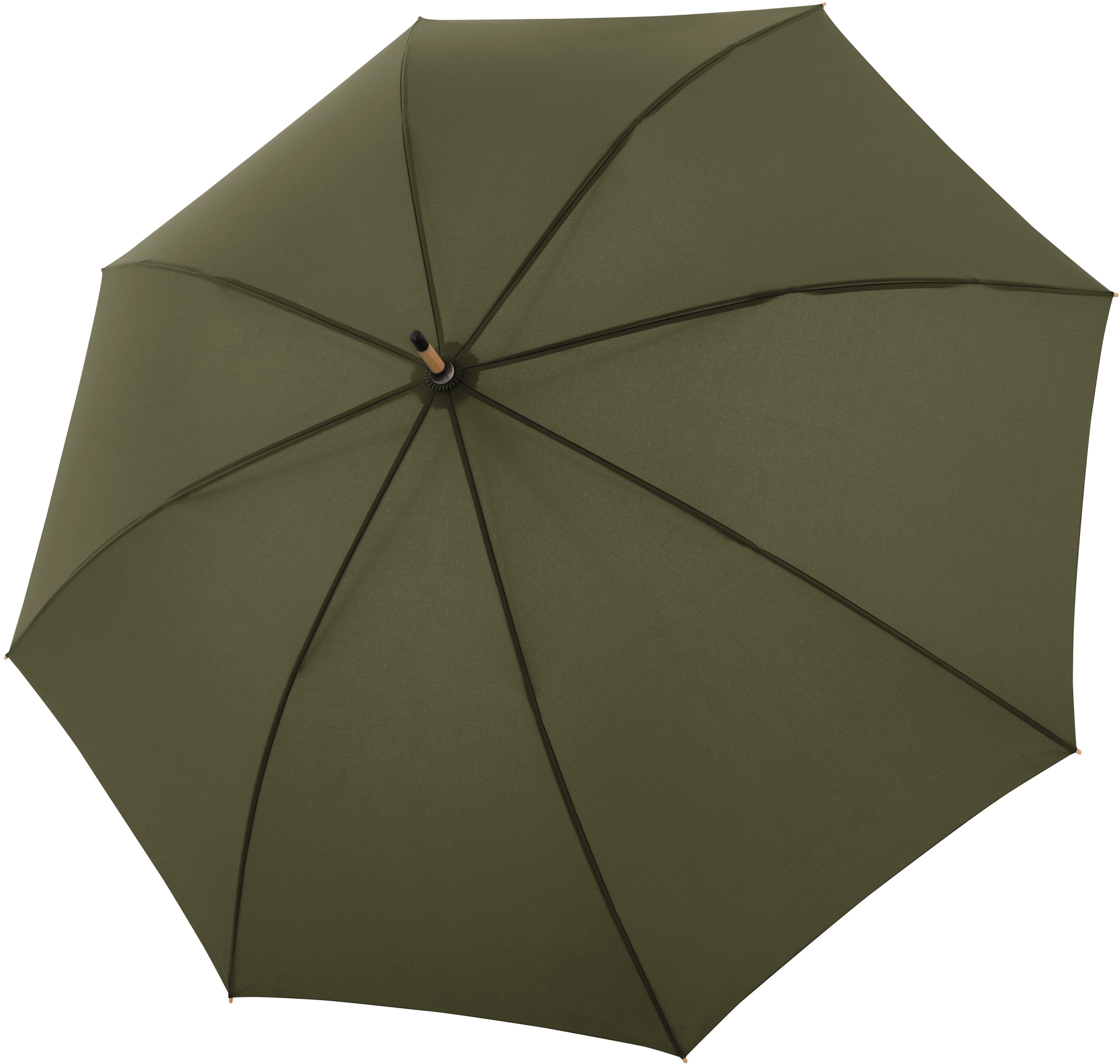 doppler® Stockregenschirm nature Long, deep olive, aus recyceltem Material mit Schirmgriff aus Holz