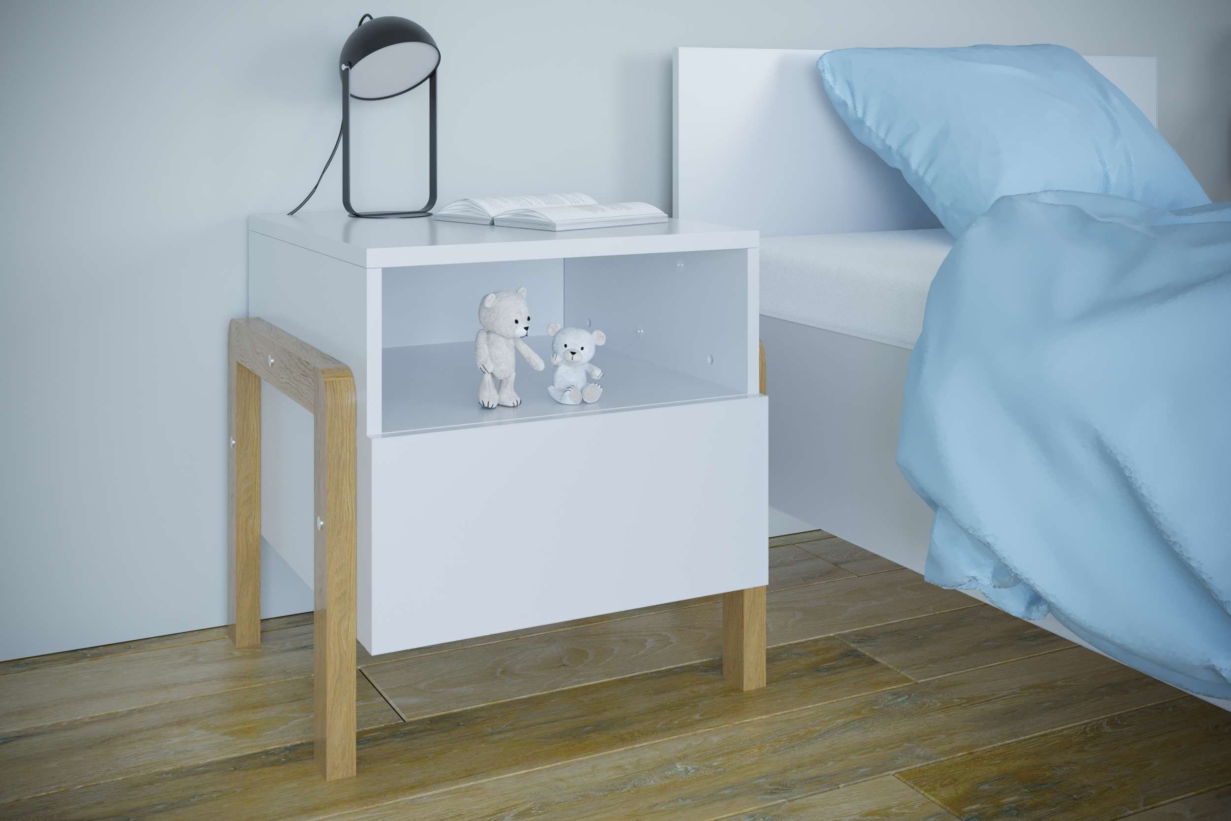 Stauraum für Push-to-Open, Kinderkleiderschrank Tobot viel Stylefy mit Modern Nachttischschrank) Holzwerkstoff, Funktion Kinder, (Nachtkommode, Eiche Soft-Close Weiß Nachttisch Design, aus und