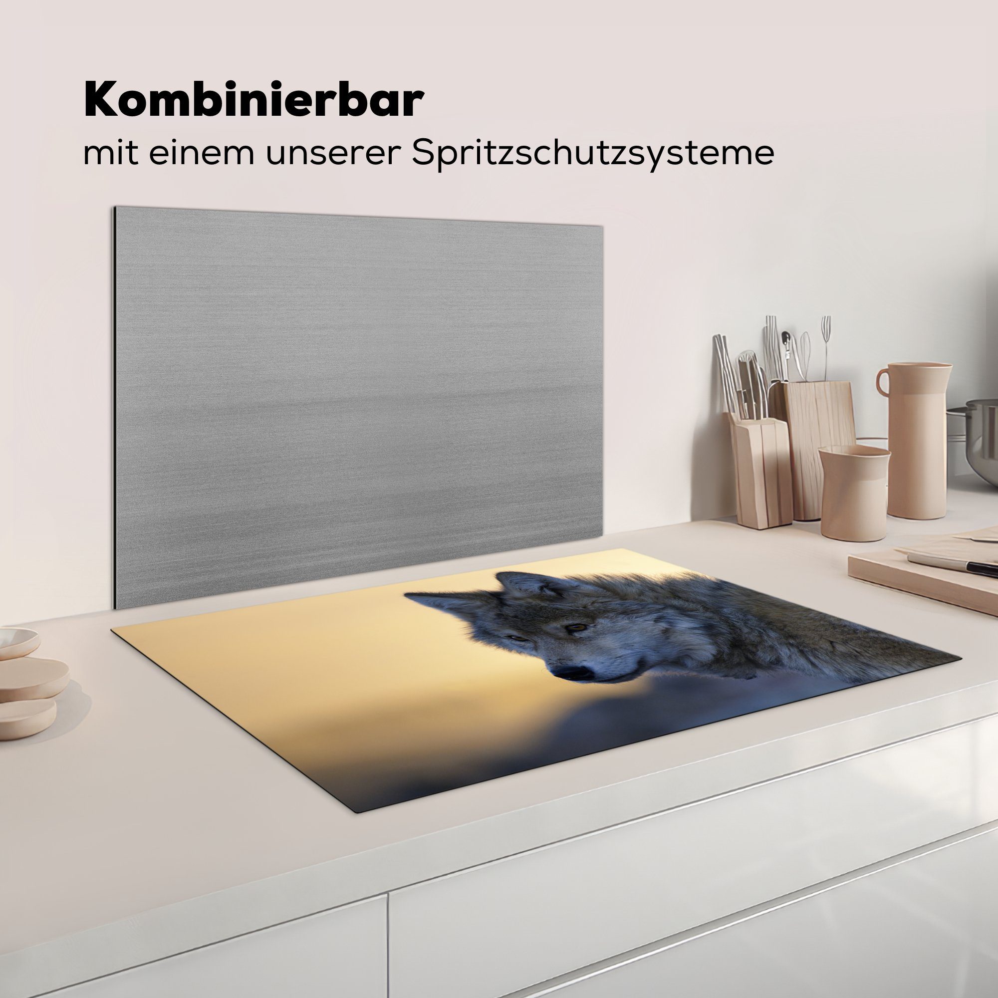 Herdblende-/Abdeckplatte küche, Schutz die - für Orange, Induktionskochfeld Ceranfeldabdeckung Vinyl, cm, Nahaufnahme MuchoWow 81x52 tlg), (1 Wolf -