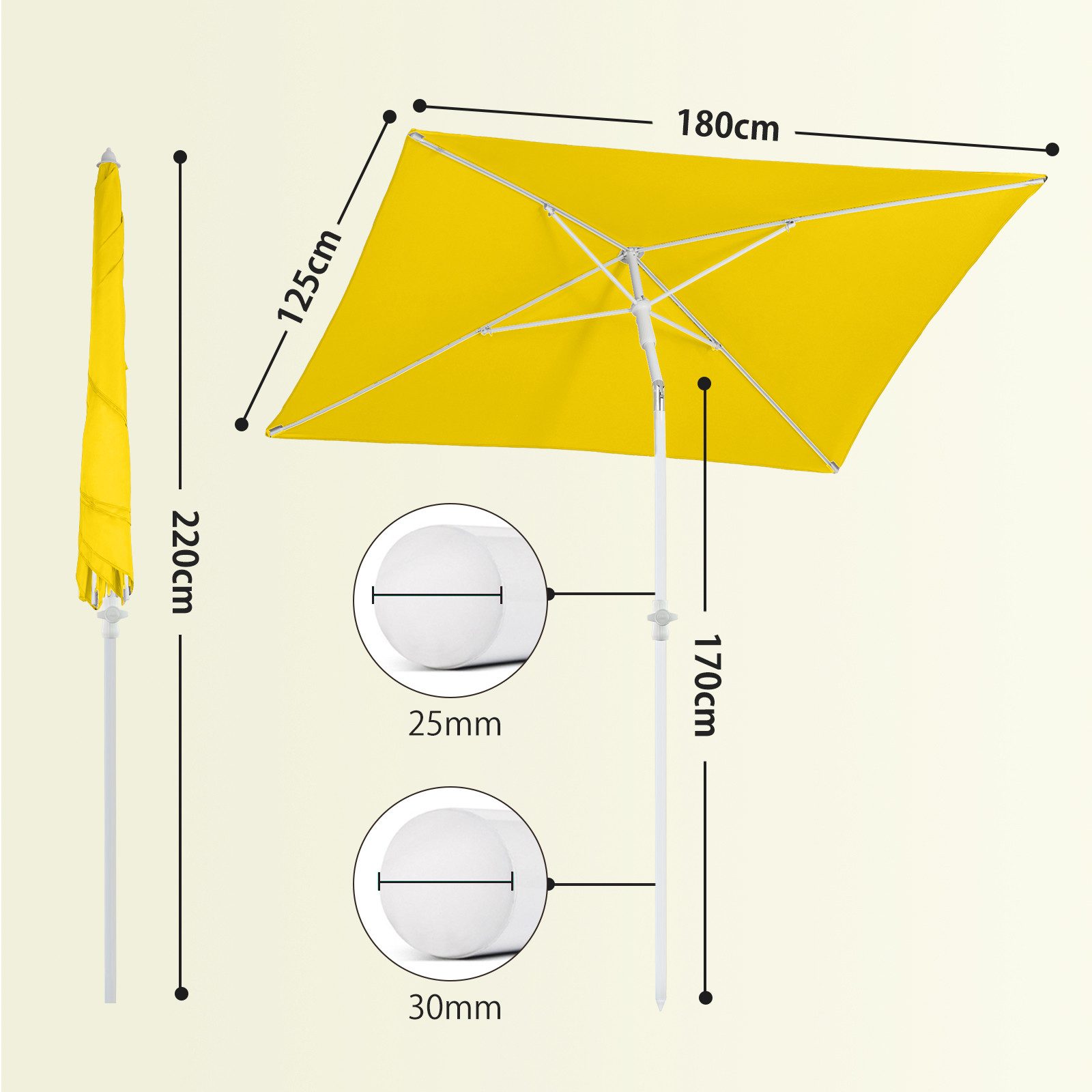Sekey Sonnenschirm Rechteckig Höhenverstellbar Balkonschirm Knickbar, mit Schutzhülle, LxB: 180,00x125,00 cm, Sonnenschutz UPF50+, Kippbar, Höhenverstellbar Sonnenschirm Balkon