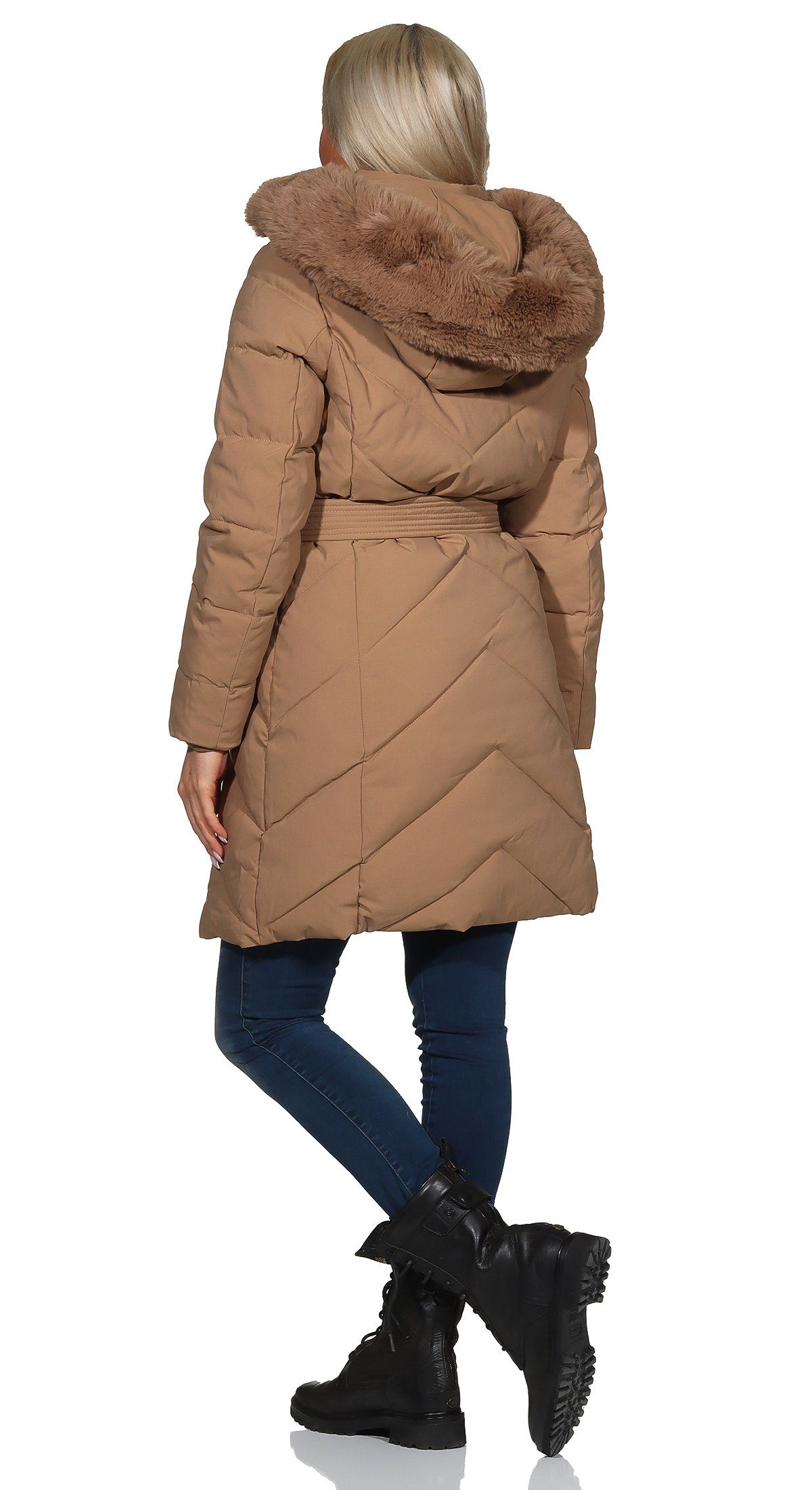 Aurela Damenmode Kurzmantel Steppmantel Damen Mantel diagonal gesteppt mit Bindegürtel mit abnehmbarer Kapuze, und weichem Teddyfutter