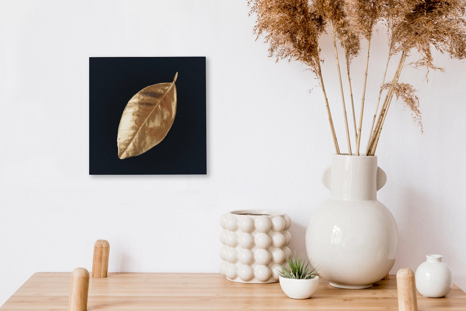 Wohnzimmer - OneMillionCanvasses® Schwarz Leinwandbild Schlafzimmer - Blätter (1 Natur - Leinwand St), - Gold Luxus und Bilder Pflanzen, für