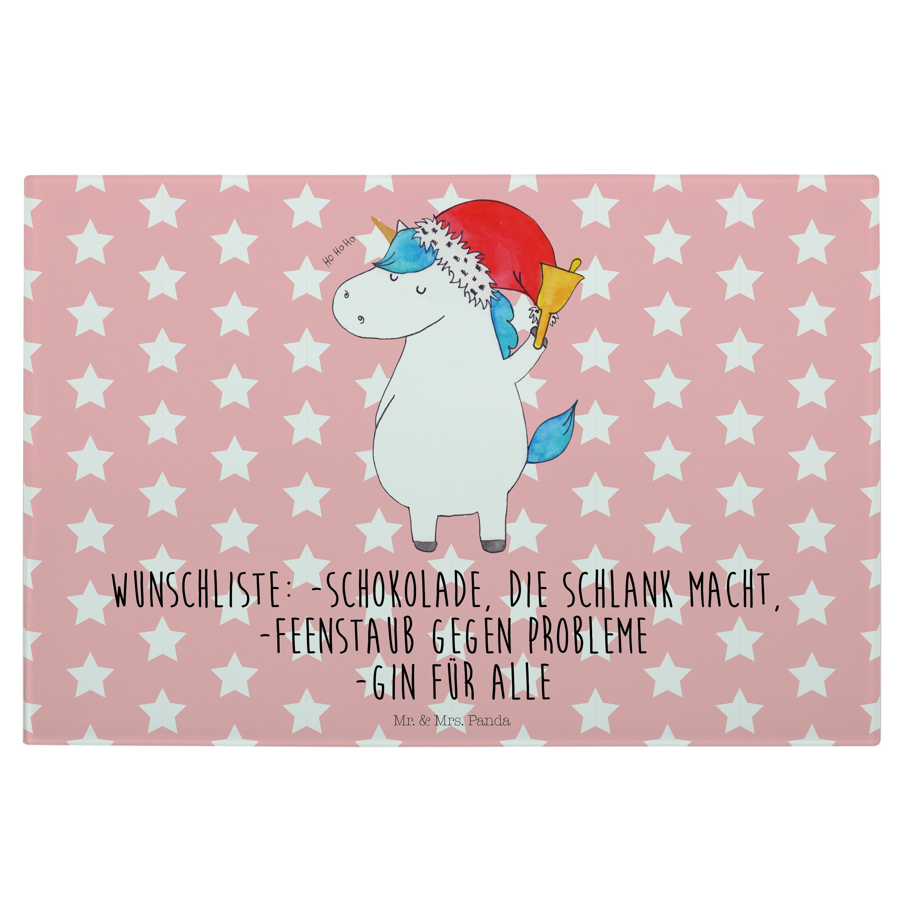 Mr. & Mrs. Weihnachtsmann Schoki, - Geschenk, - Wunschzettel, Einhorn Panda Premium (1-St) Servierbrett Glas, Rot Pastell