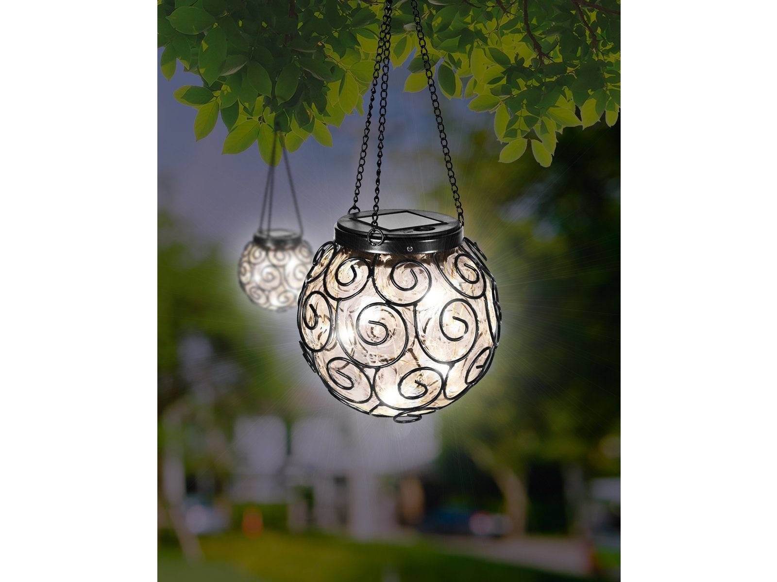 Set meineWunschleuchte warmweiß, LED LED Solarlaterne-n fest Hängeleuchte außergewöhnliche Ø14,5cm Transparent-Schwarz Solarleuchte, integriert, 2er Outdoor,