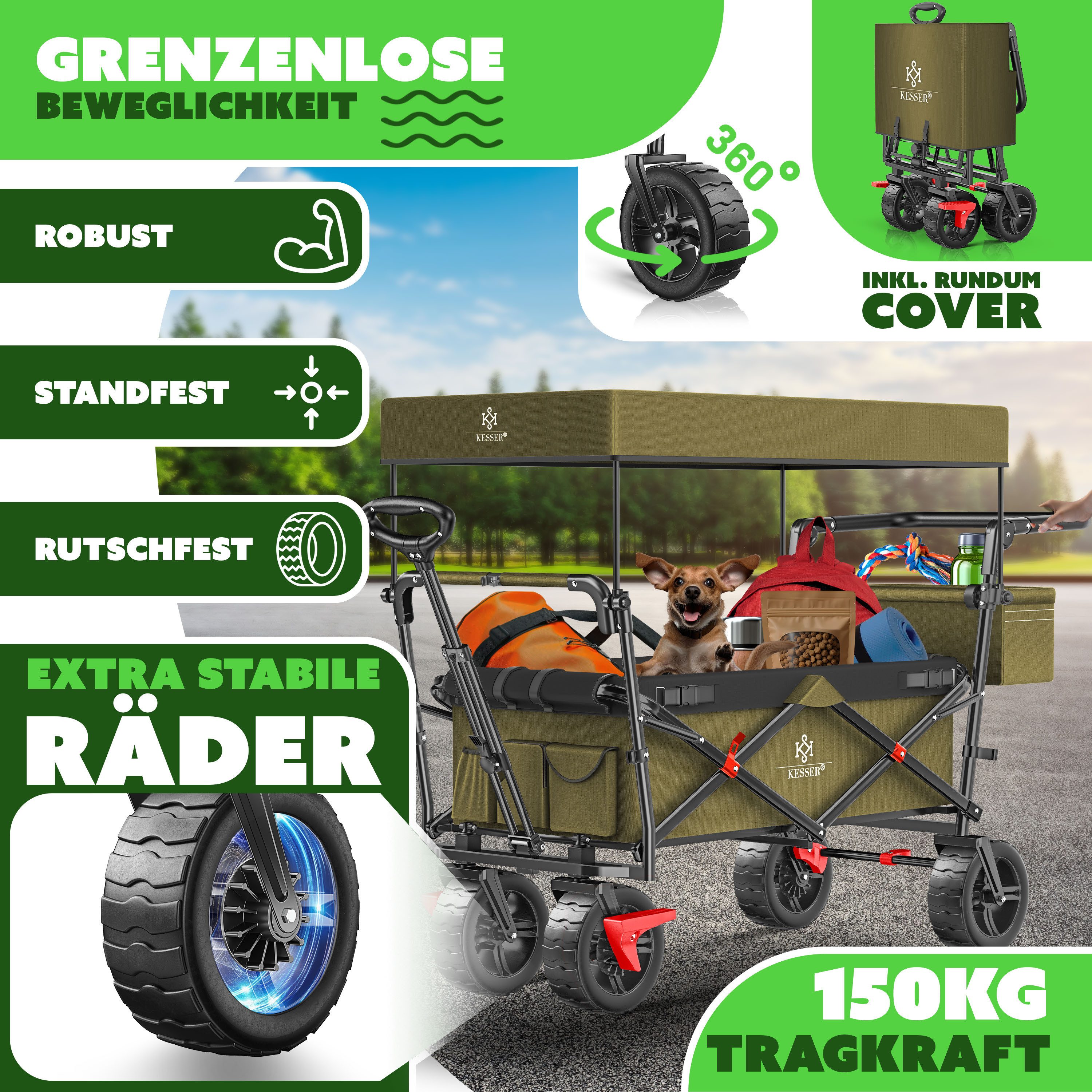KESSER Bollerwagen, Bollerwagen faltbar GT9000 mit Dach Handwagen Transportwagen